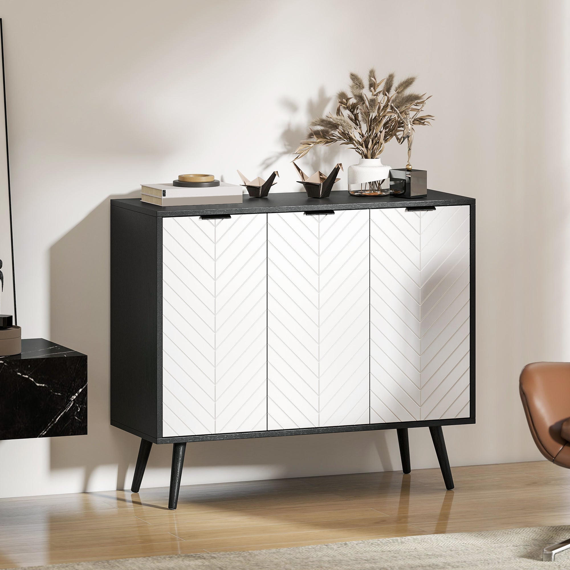 Modern Sideboard and Buffet, Dining Room Cabinet with Adjustable Shelves and 3 Doors, Black