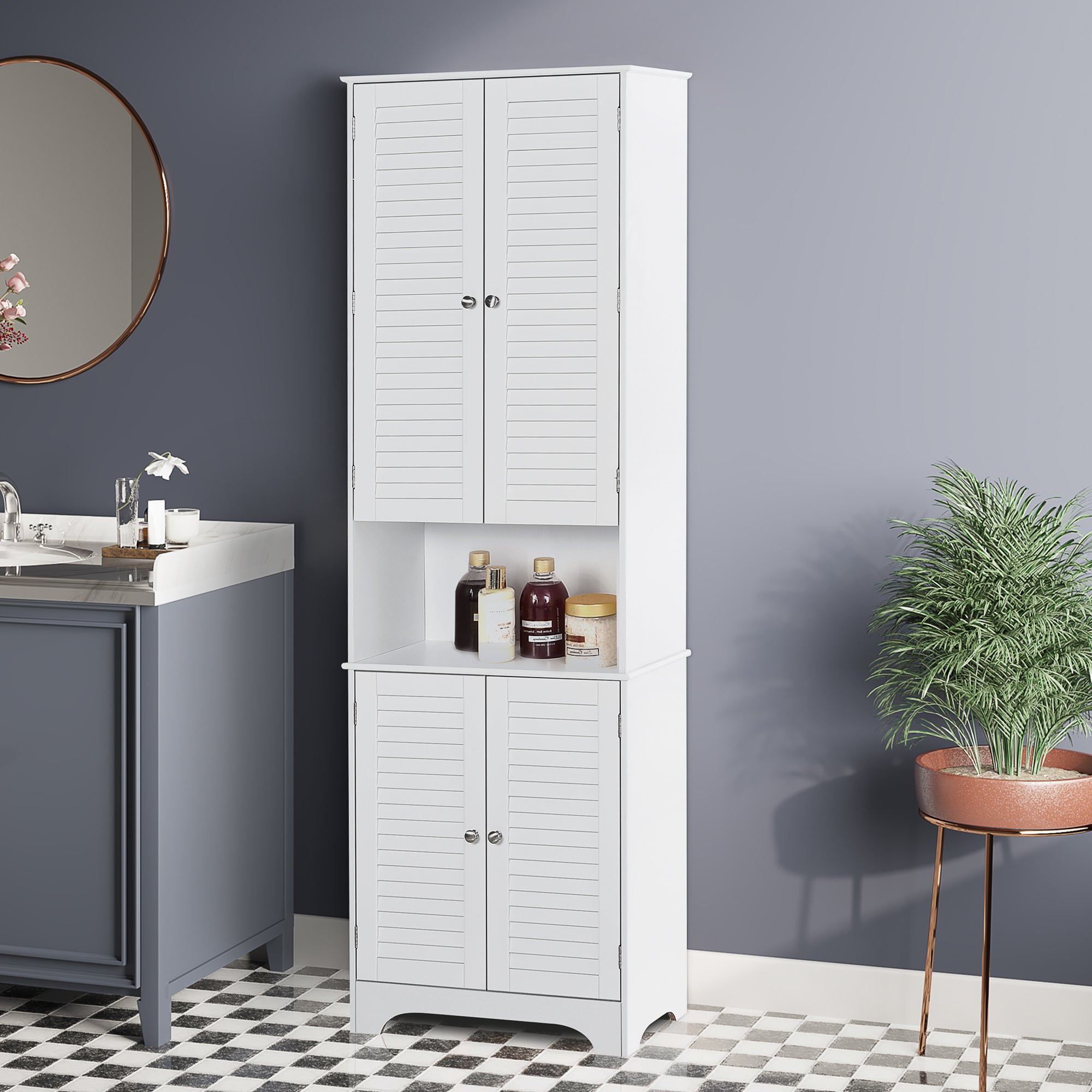 Tall Bathroom Storage Cabinet, Slim Bathroom Cabinet with 4 Shutter Doors and Adjustable Shelves, Toilet Vanity Cabinet, Narrow Organizer, White