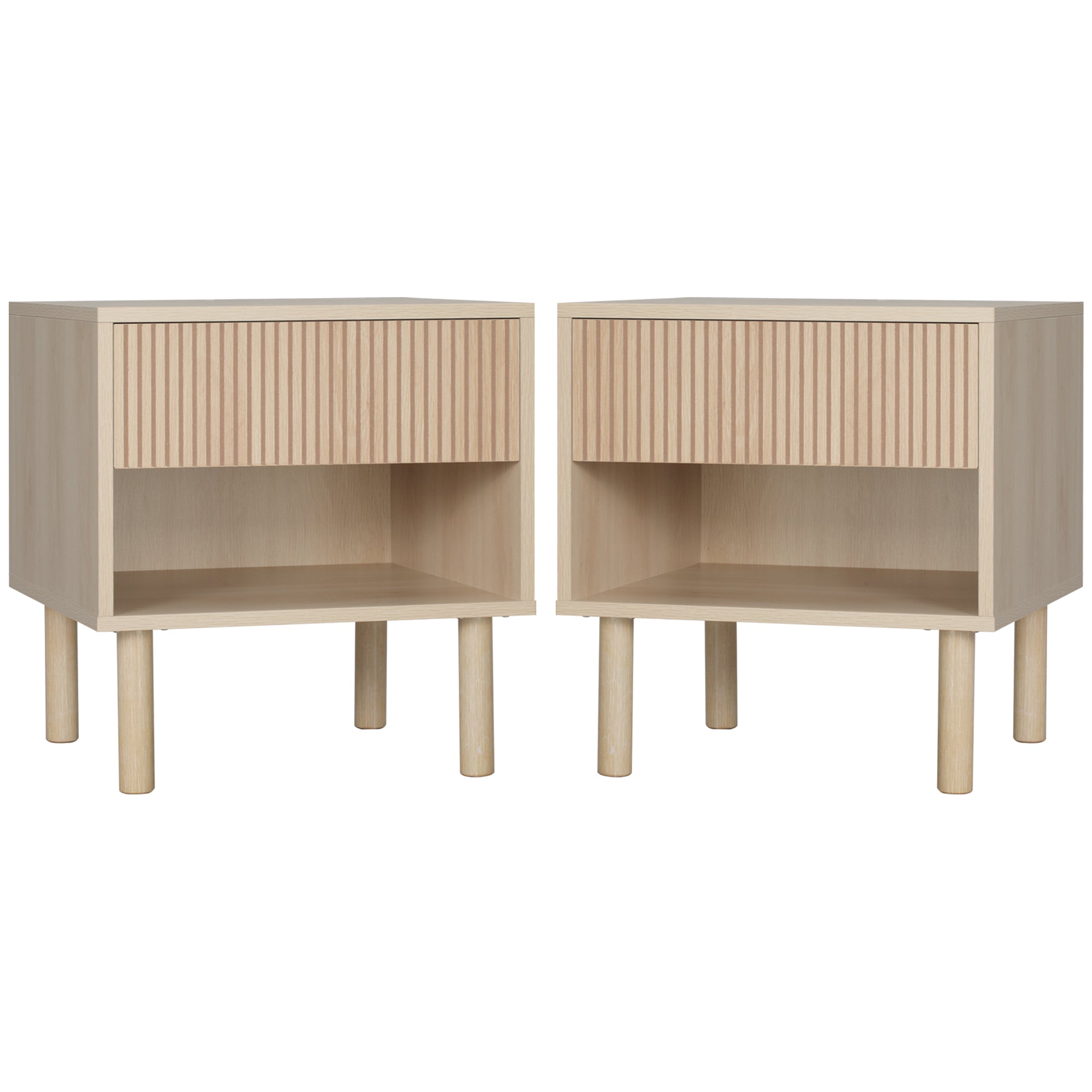 Set of 2 Bedroom Nightstands, Side Table with Storage Shelf and Drawer for Living Room, Bedroom, Natural Wood