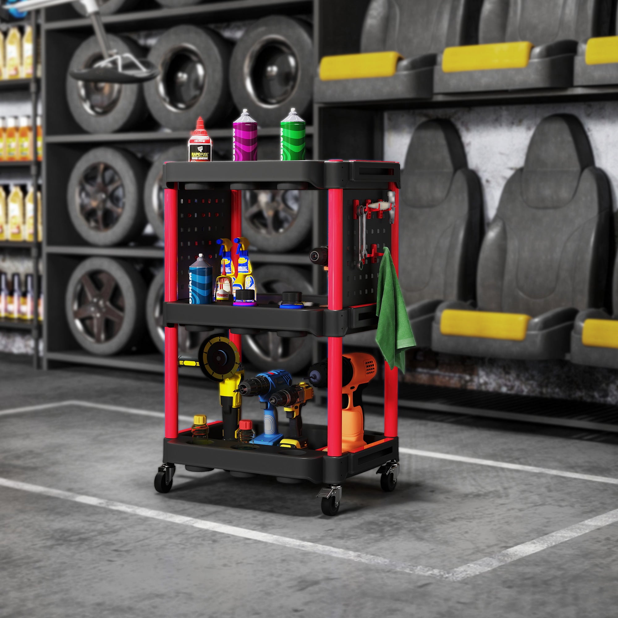 3-Tier Rolling Tool Cart with Wheels, 200 LBS Capacity Plastic Utility Cart for Garage, Warehouse, Workshop, Black & Red
