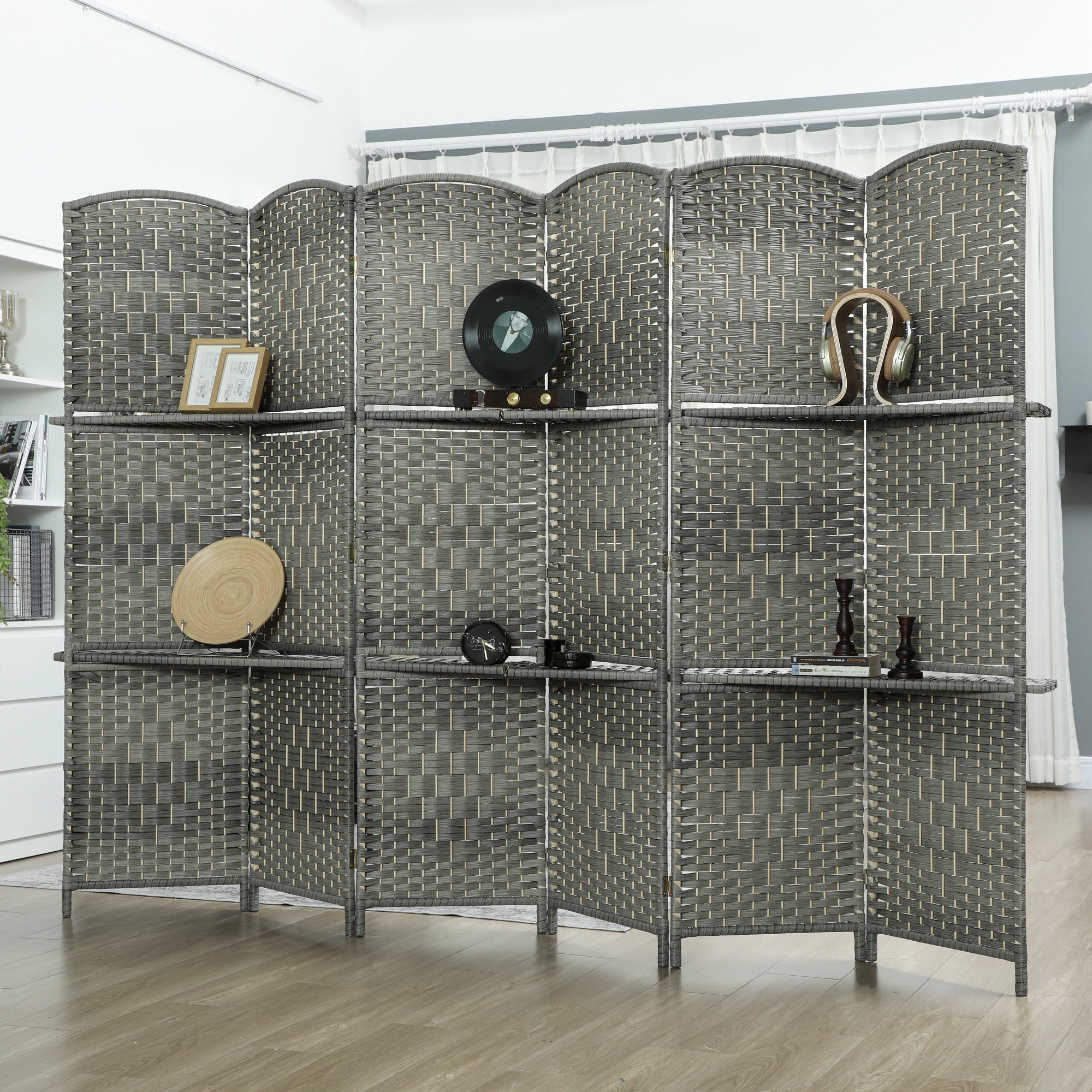 6 FT Privacy Screen, 6 Panel Room Divider with Shelves for Living Room Bedroom Home Office, Grey