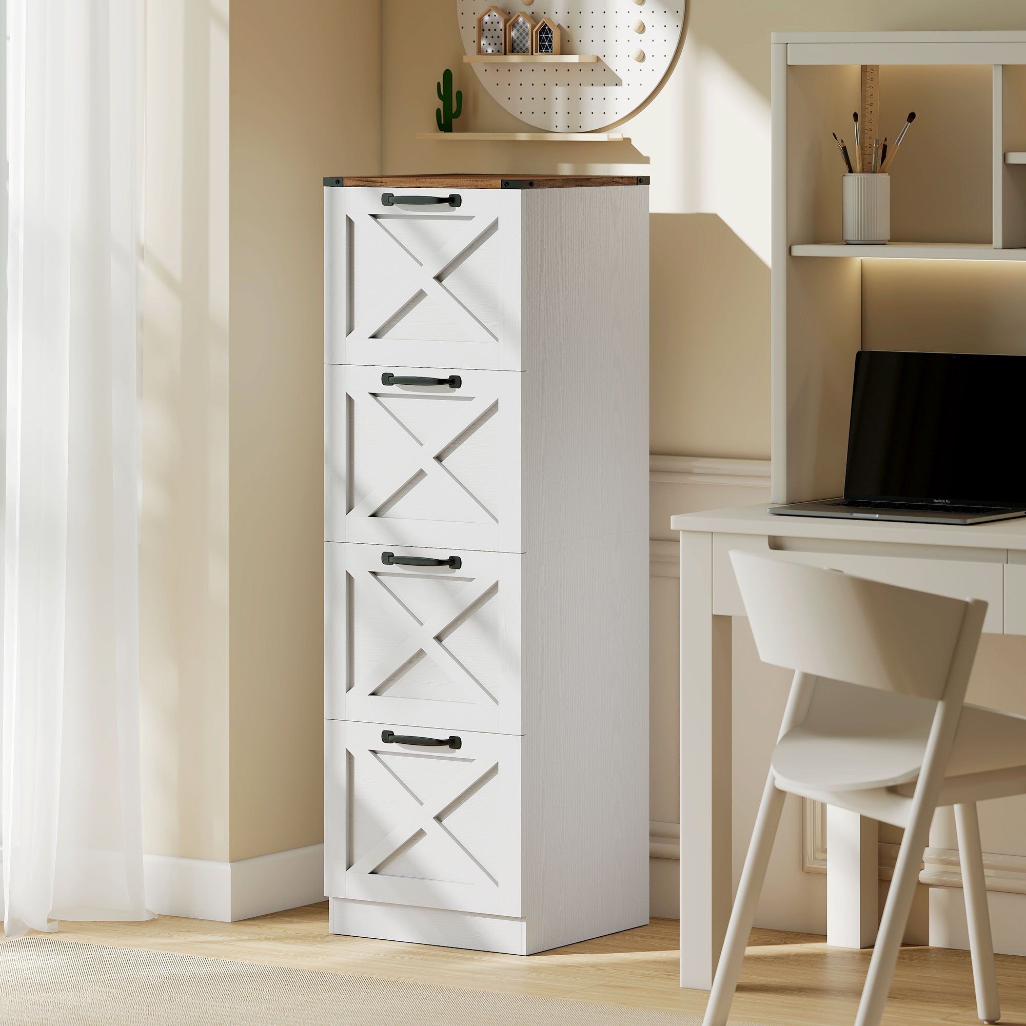 4 Drawer File Cabinet with Silent Slides, Vertical Farmhouse Filing Cabinet Fits Letter/A4 Size Home Office, White