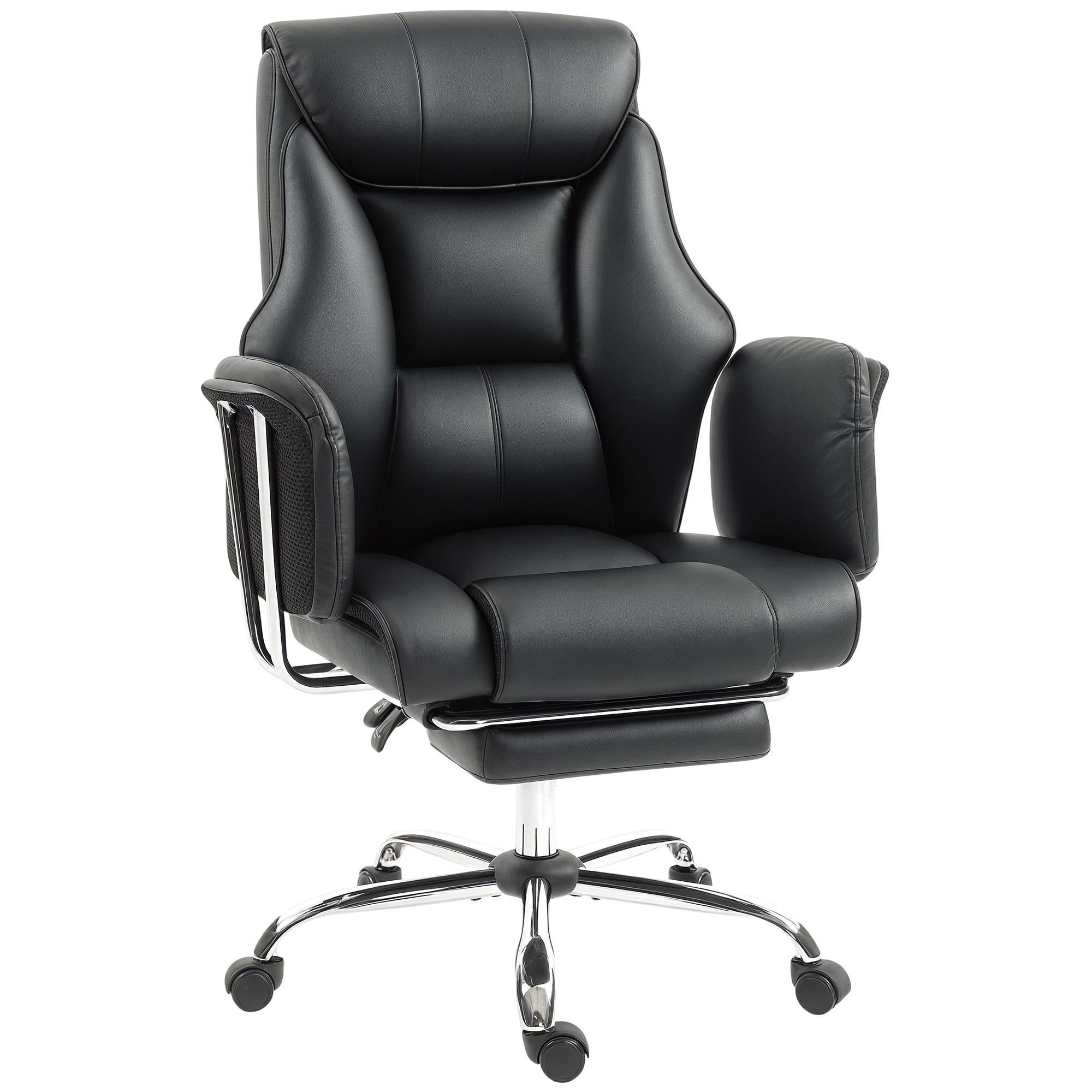Reclining Office Chair, Overstuffed Executive Desk Chair with High Back, PU Leather, Footrest, Swivel Wheels, Black