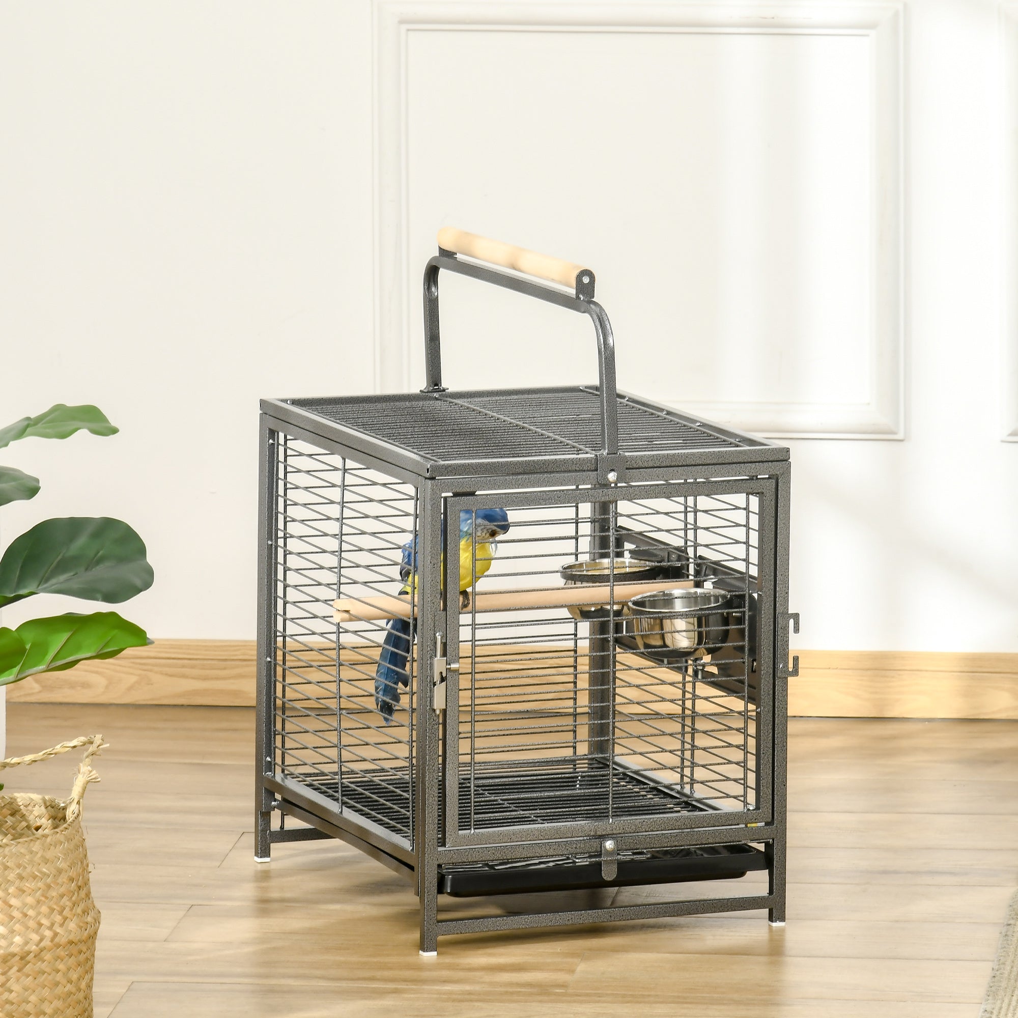 Bird Travel Carrier Cage for Parrots Conures African Grey Cockatiel Parakeets with Stand Perch, Stainless Steel Bowls, Pull Out Tray, Black