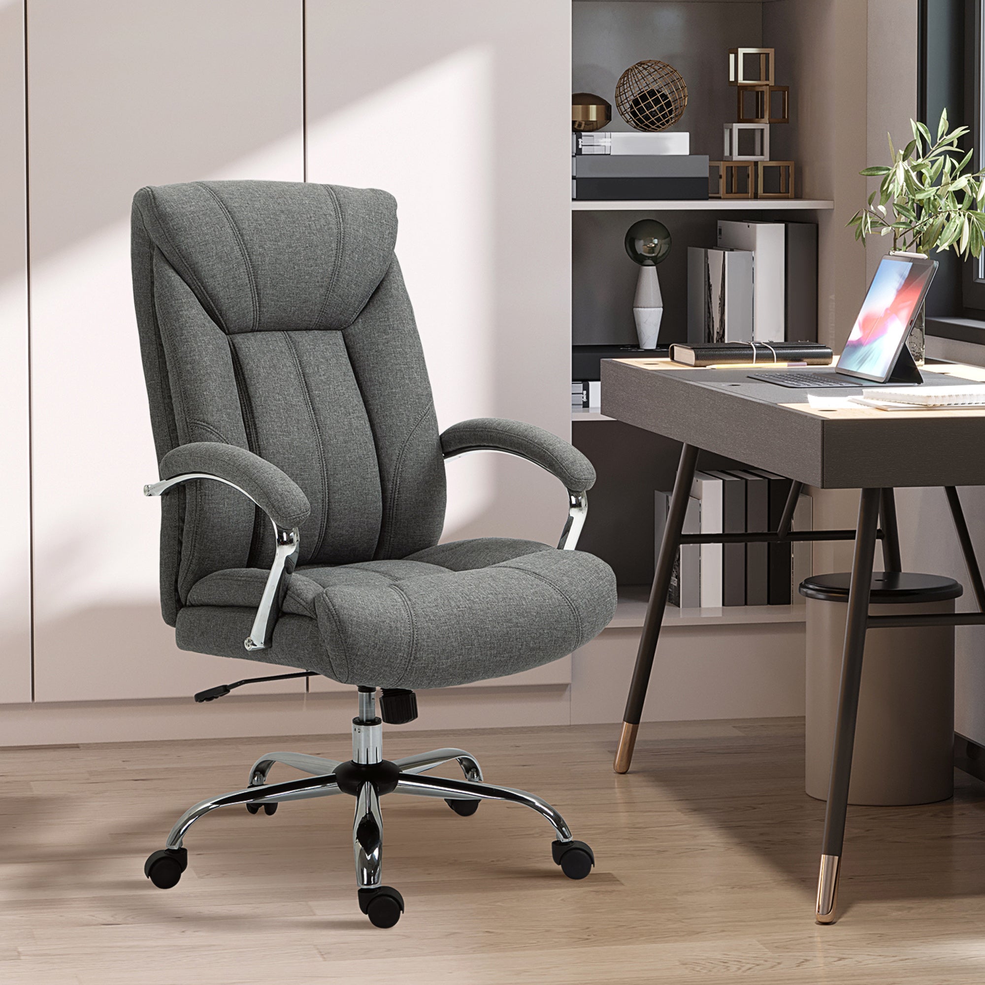 High Back Swivel Office Chair Task Ergonomic Linen Fabric Computer Chair, with Arm, Adjustable Height, Grey