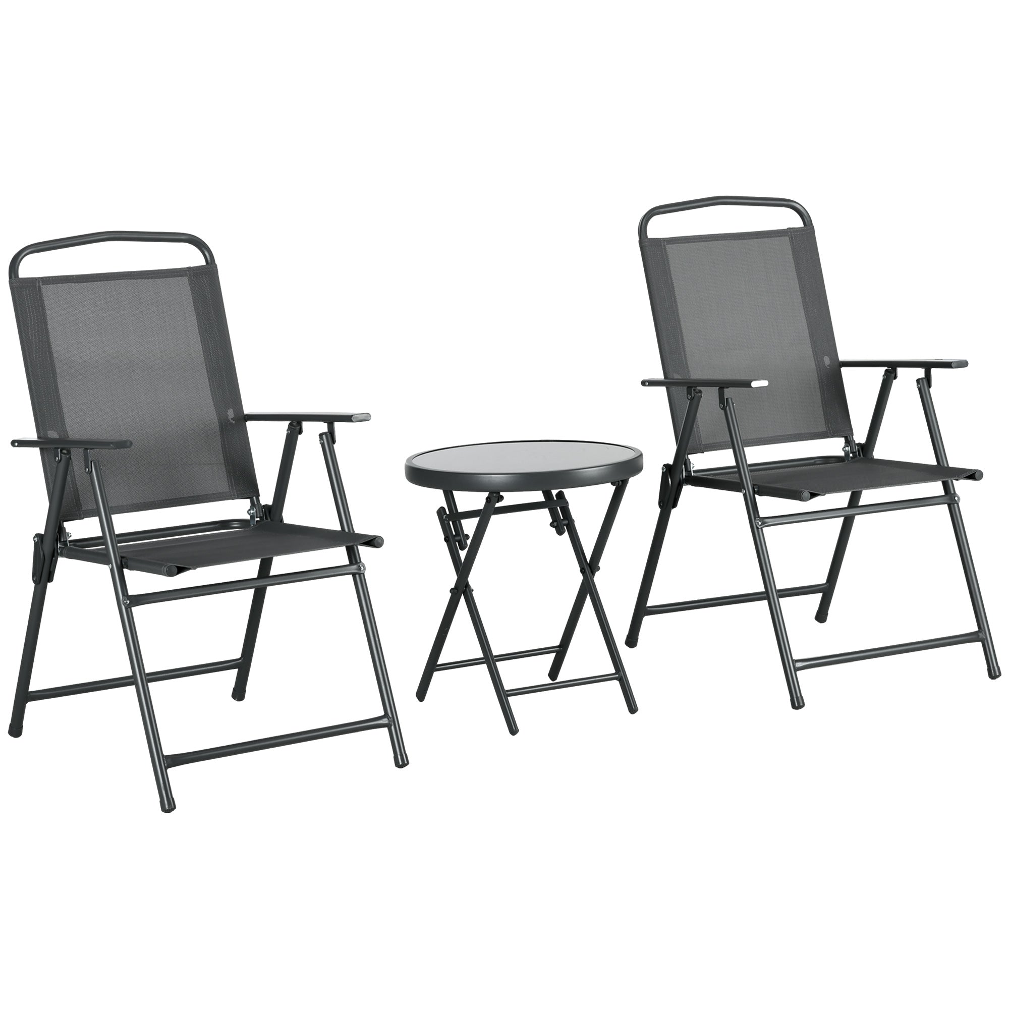3 Pieces Bistro Set, Foldable Patio Furniture Set with Mesh Chairs, Glass Table for Garden, Balcony, Charcoal Grey