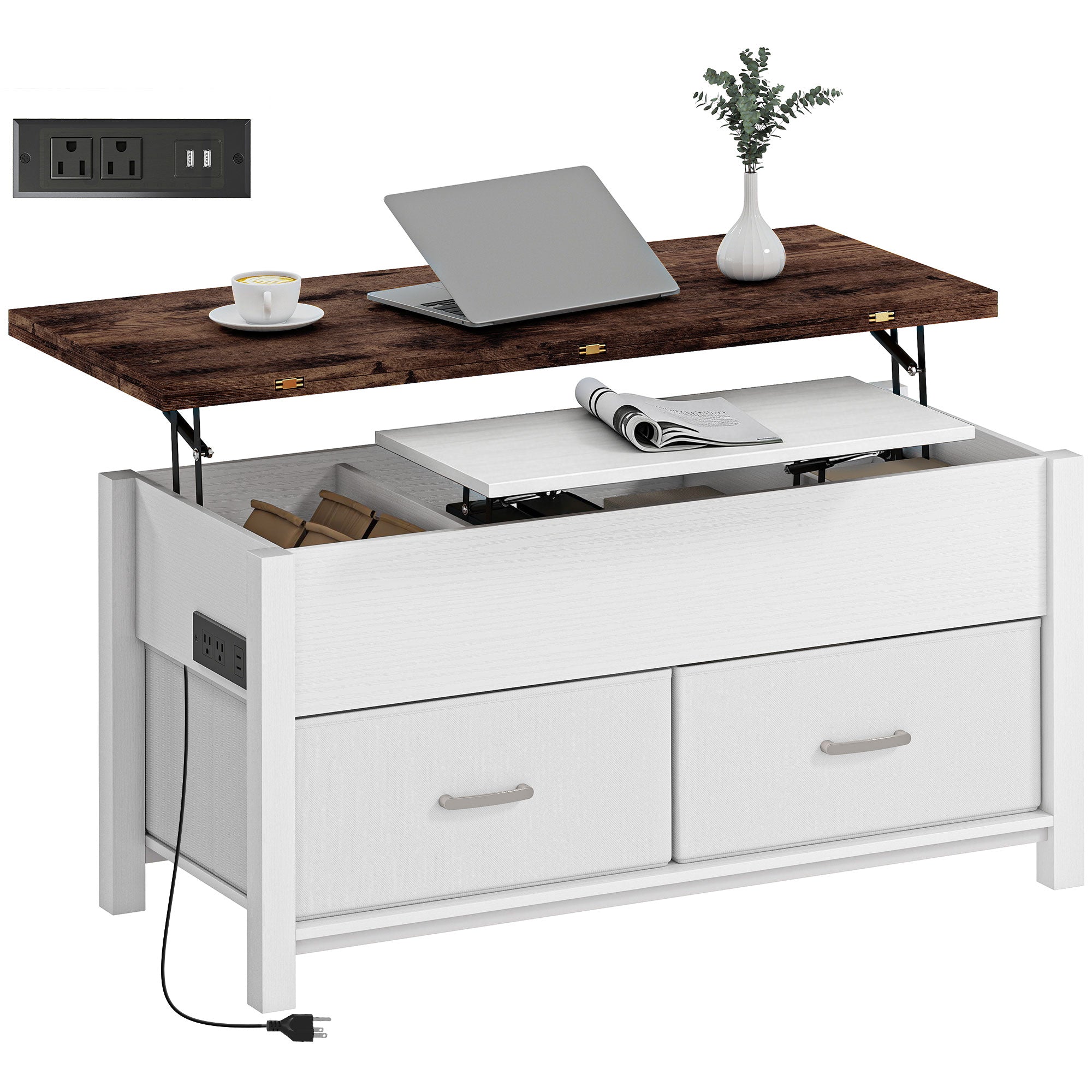 Lift Top Coffee Table, Center Table with 3 Hidden Compartments, 2 Fabric Drawers, Expandable Top and Charging Station