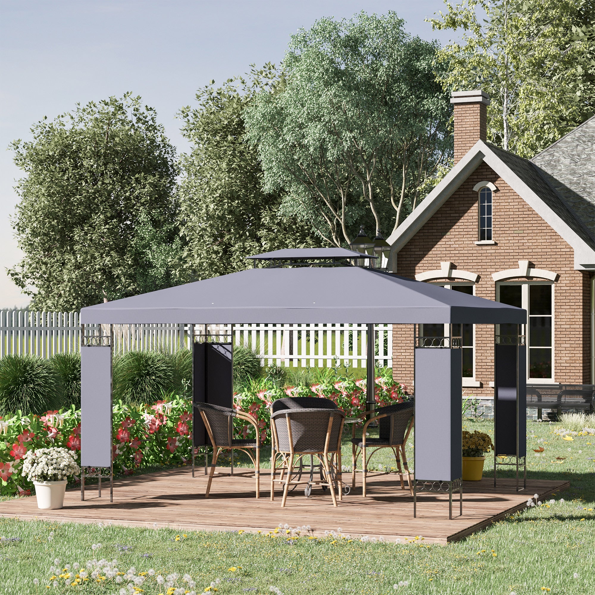 10' x 13' Outdoor Gazebo, Double Roof Patio Gazebo Canopy Shelter with Screen Decorate Corner Frame, Grey