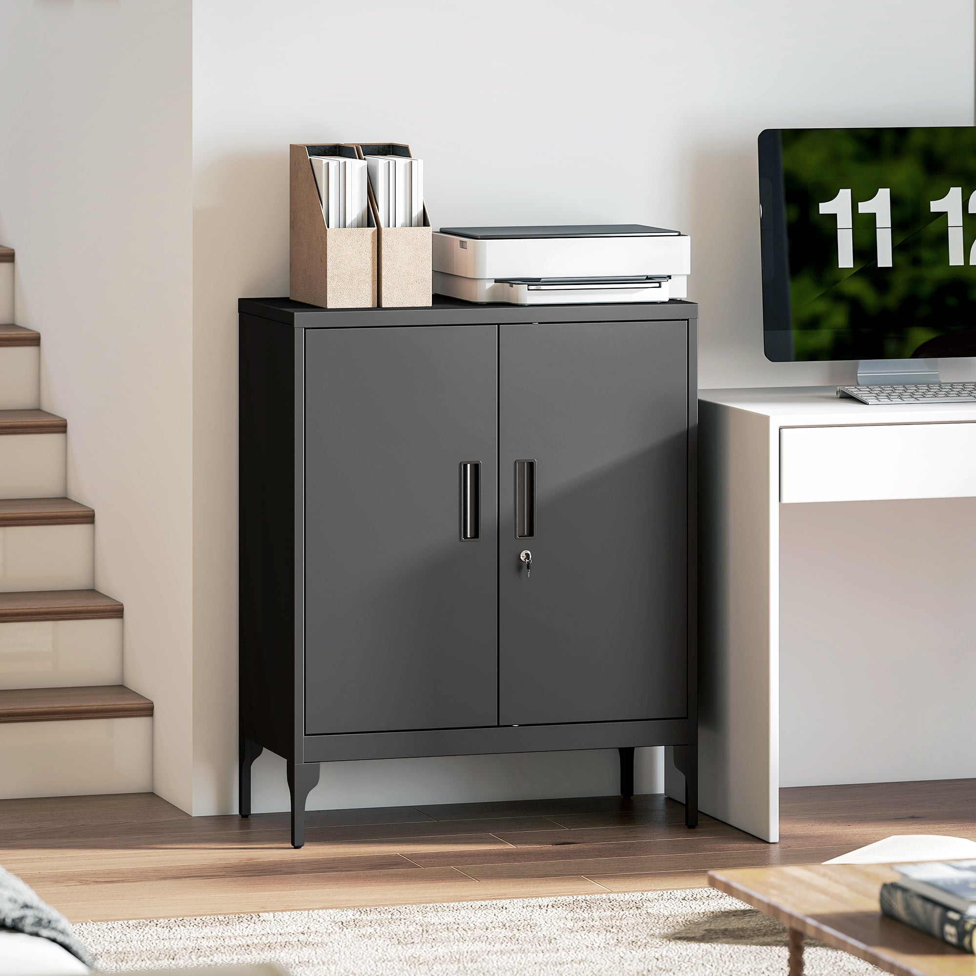 Office Storage Cabinet with Lock, Filing Cabinet with Adjustable Shelves and Doors for Home Office, Garage, Black