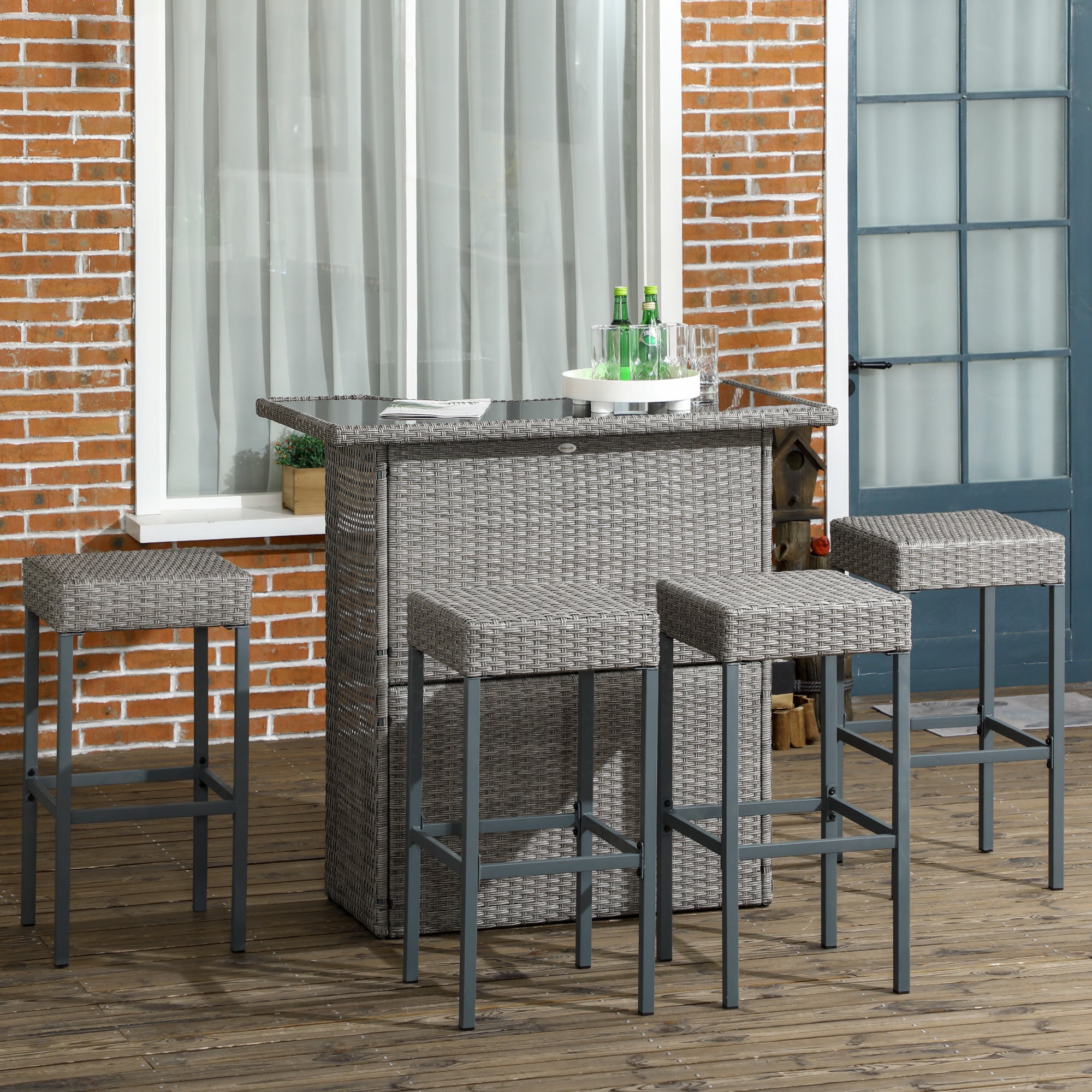 5 Pieces Patio Bar Set, Outdoor PE Rattan Wicker High Top Outdoor Table and Chairs Outdoor Bar Set with Tempered Glass Top Bar Table and Shelves, 4 Bar Chairs, Grey