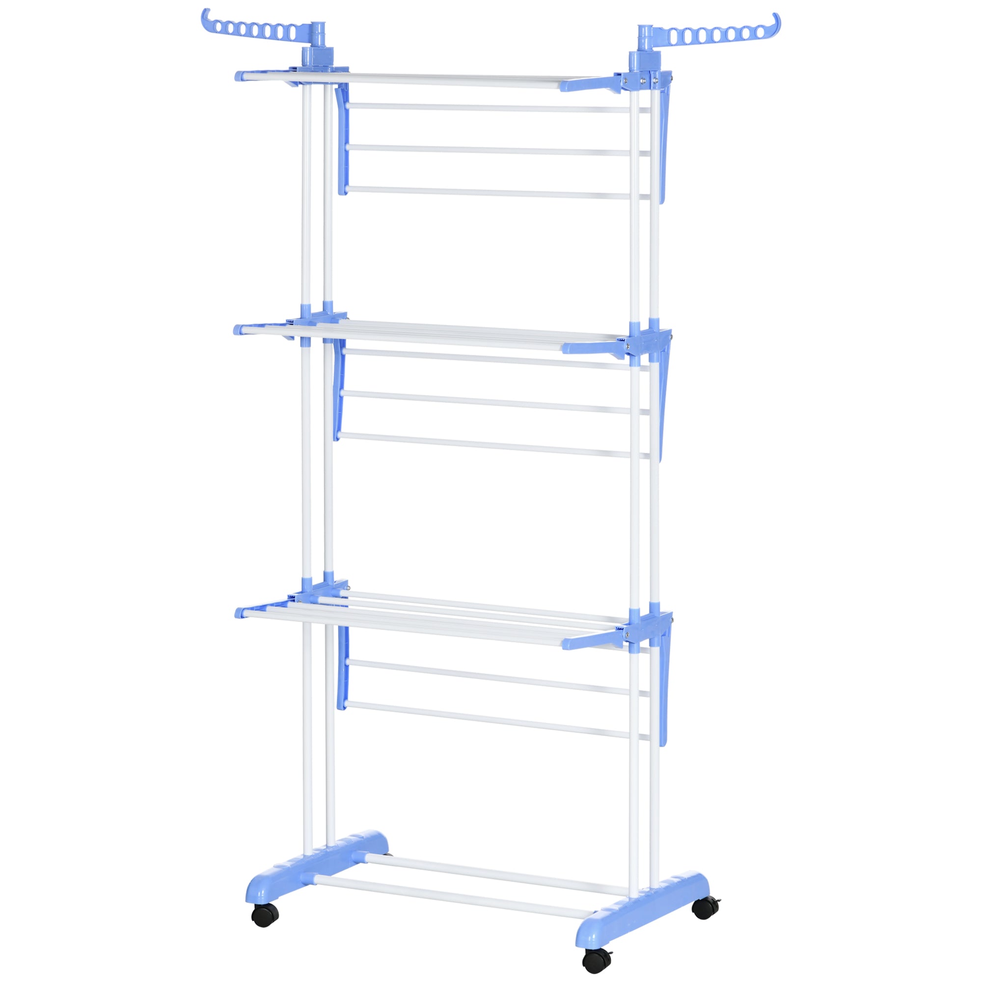 Foldable Clothes Drying Rack, 4-Tier Steel Laundry Rack for Drying Clothes with 2 Side Wings and 4 Castors, Indoor and Outdoor Use, Blue