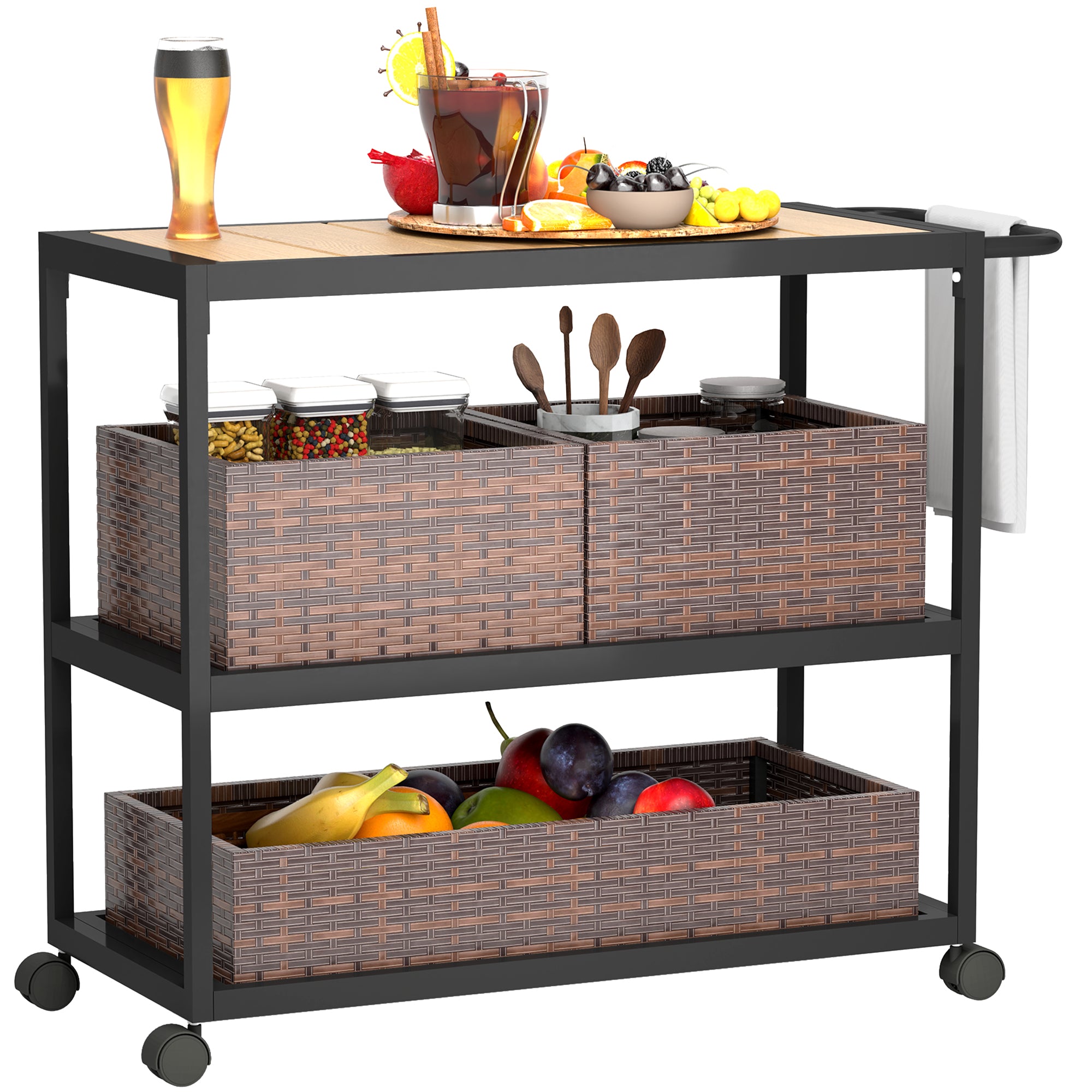 Outdoor Bar Cart with Side Handle, 3-Tier Rolling Cart on Wheels with Removable Rattan Basket, Mixed-Brown