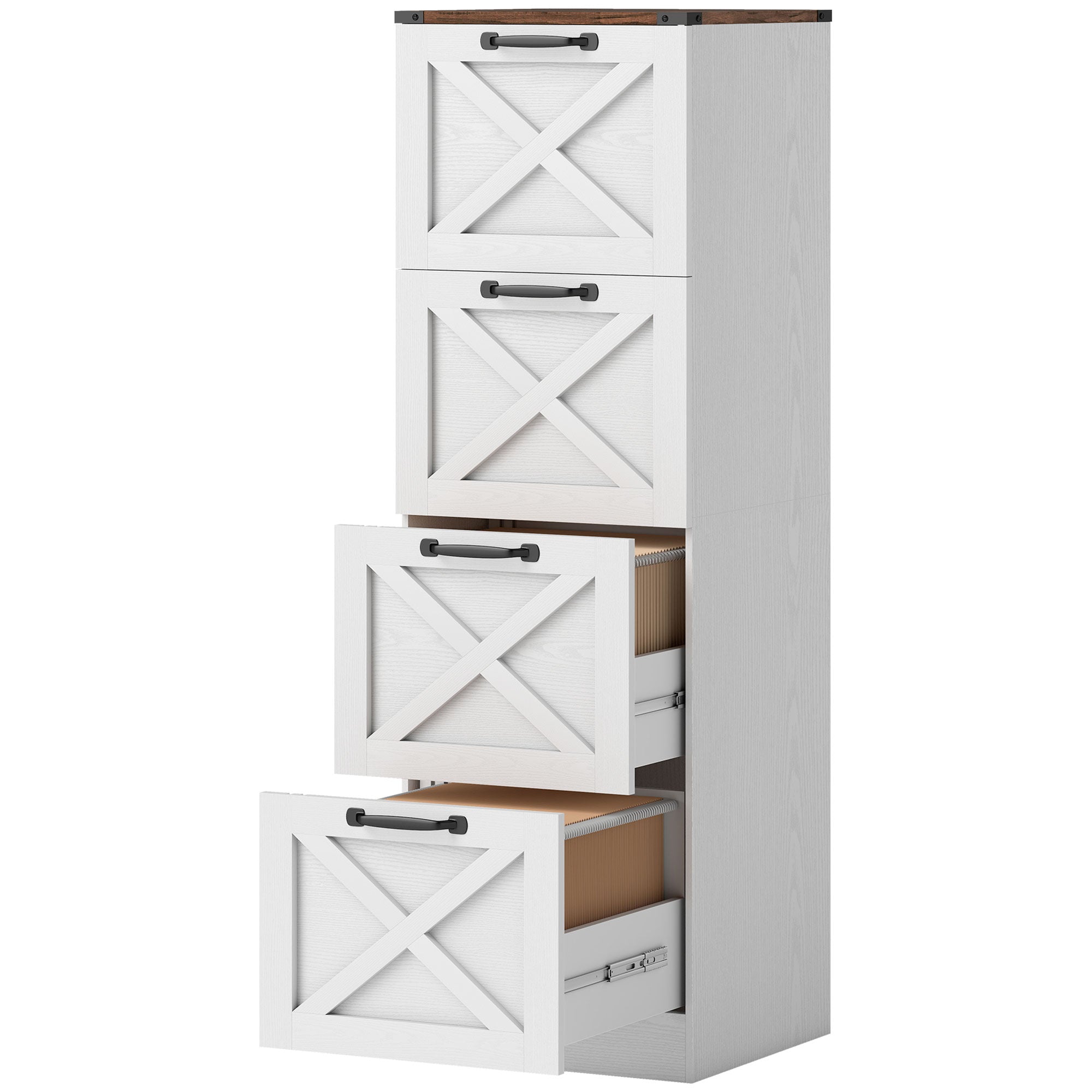 4 Drawer File Cabinet with Silent Slides, Vertical Farmhouse Filing Cabinet Fits Letter/A4 Size Home Office, White