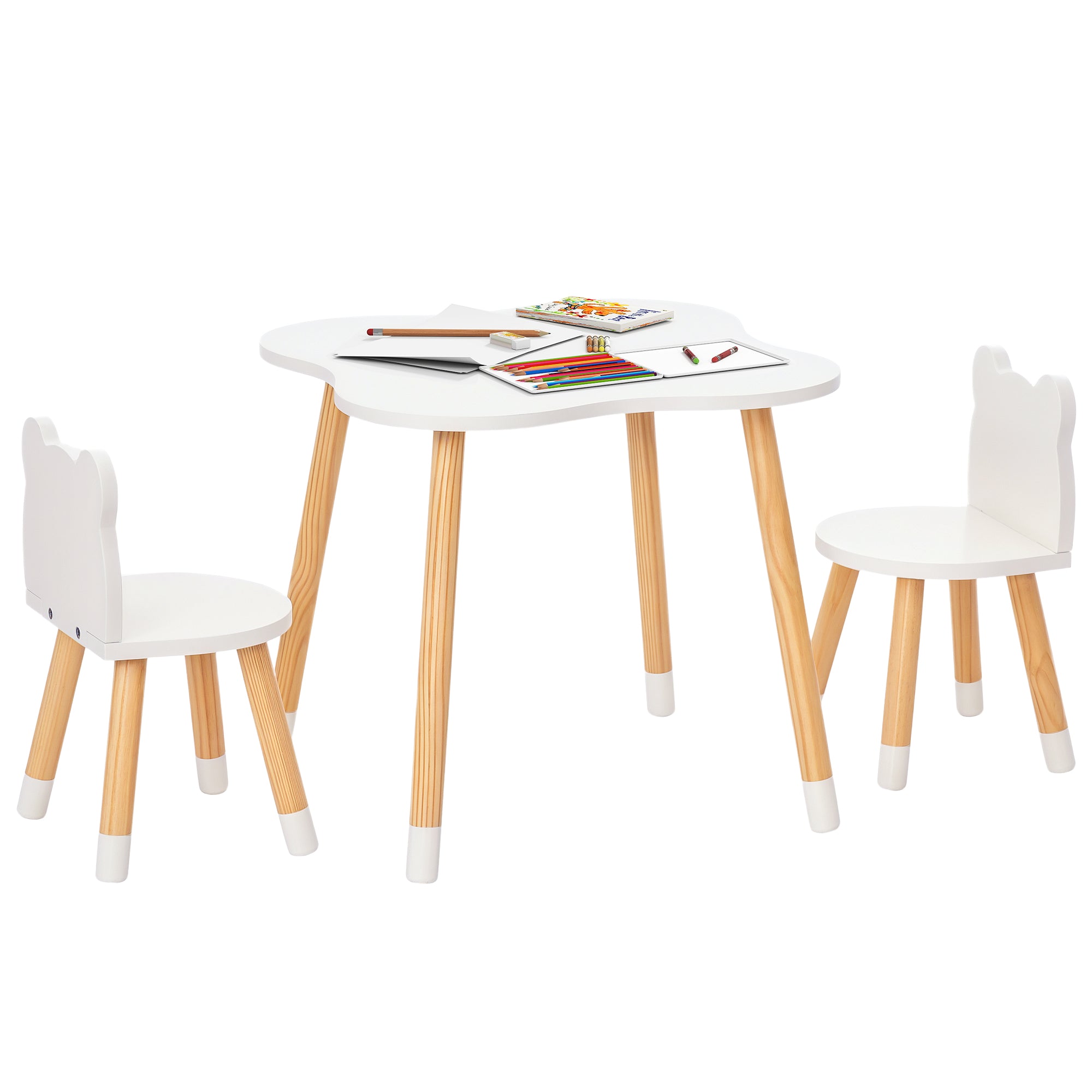 Qaba Kids Wooden Table and 2 Chairs Set, 3-Piece Dining Table with Bear Shape and Rounded Corners for 1-4 Years, White