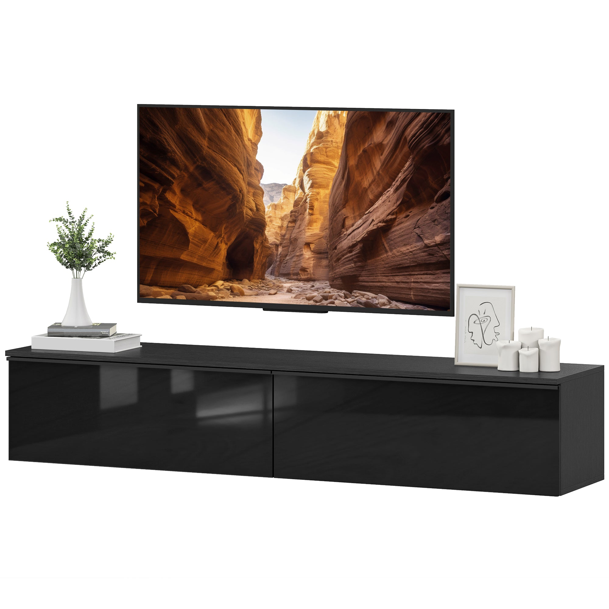 Wall Mounted TV Stand, Floating TV Cabinet with Storage, for TVs up to 70", High Gloss Effect, Black