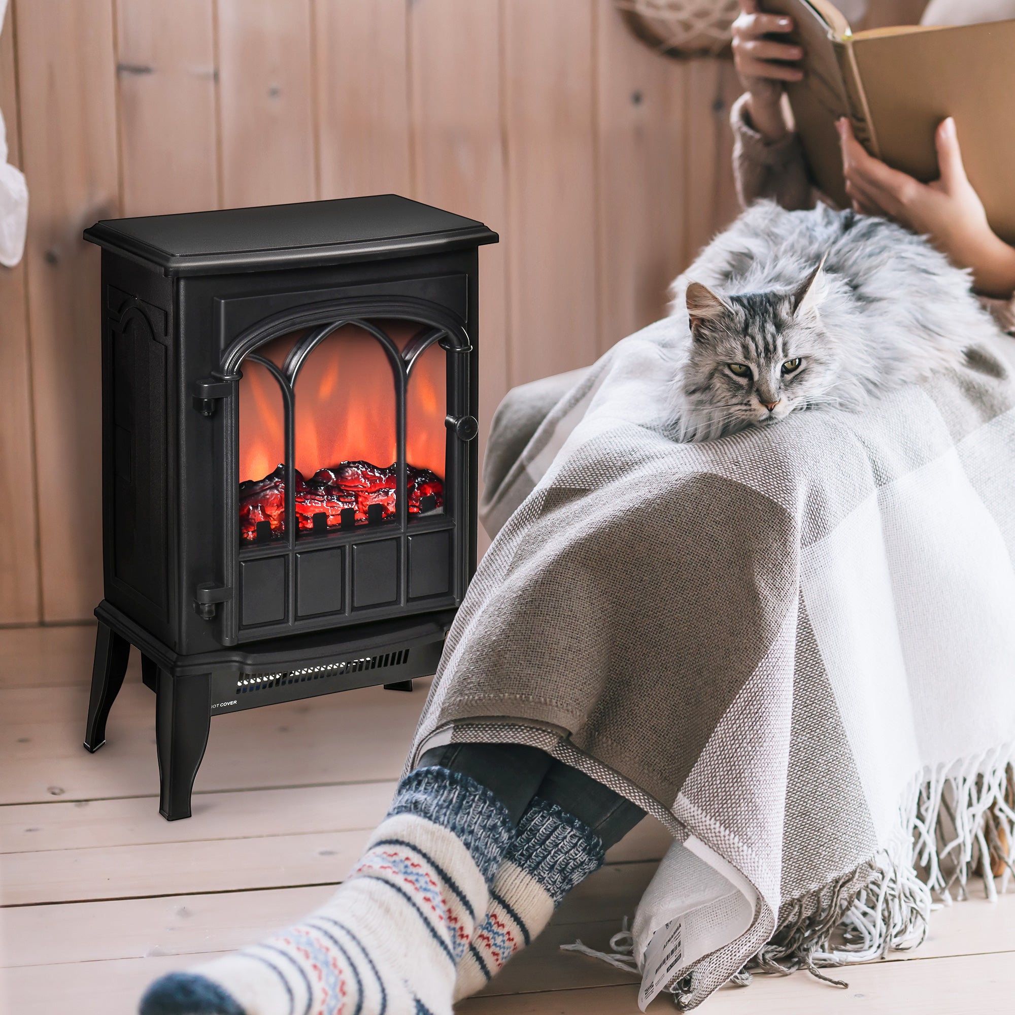 Electric Fireplace Stove, Freestanding Fireplace Heater with Realistic Flame, Adjustable brightness, Overheating Safety System, Black