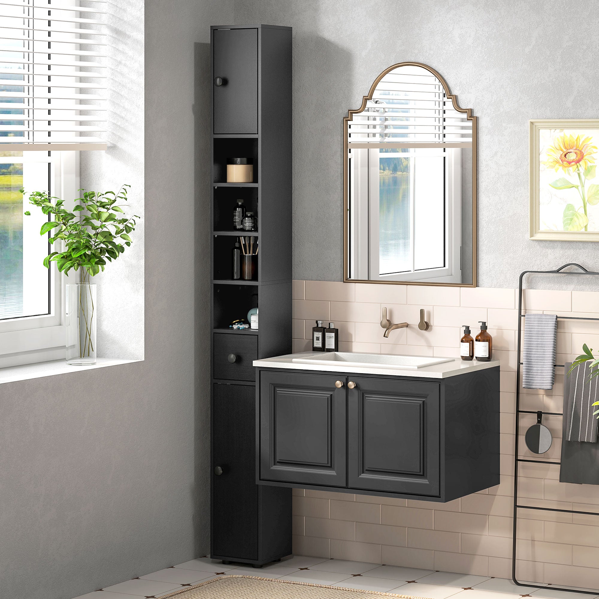 71" Tall Bathroom Cabinet, Narrow Toilet Paper Cabinet with Open Shelves, 2 Door Cabinets, Adjustable Shelves, Black