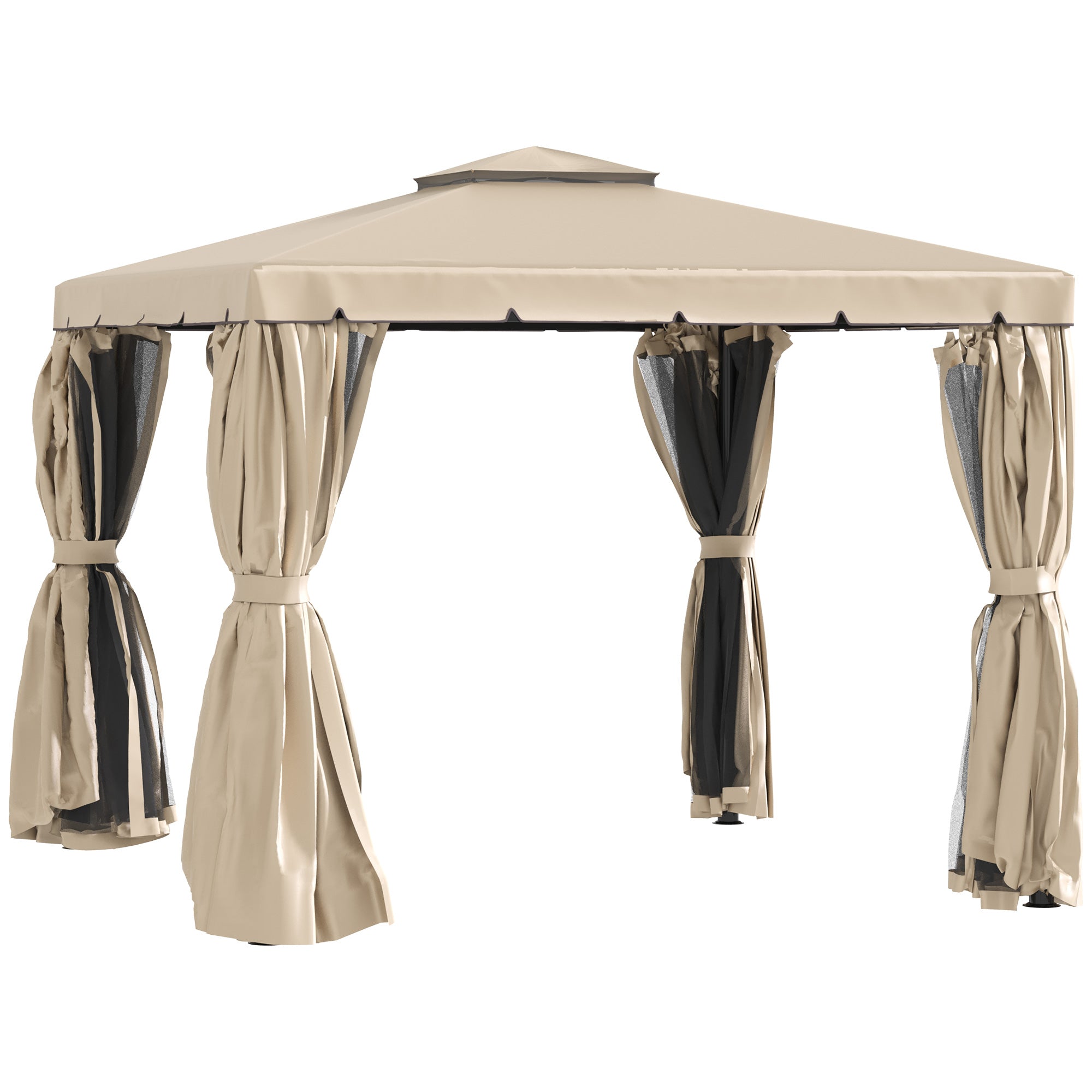Deck Gazebo with Beautiful Curtains, & Mesh Screen Drapes, 10ft x 10ft Double Canopy Polyester Shade for Backyard Garden, Khaki
