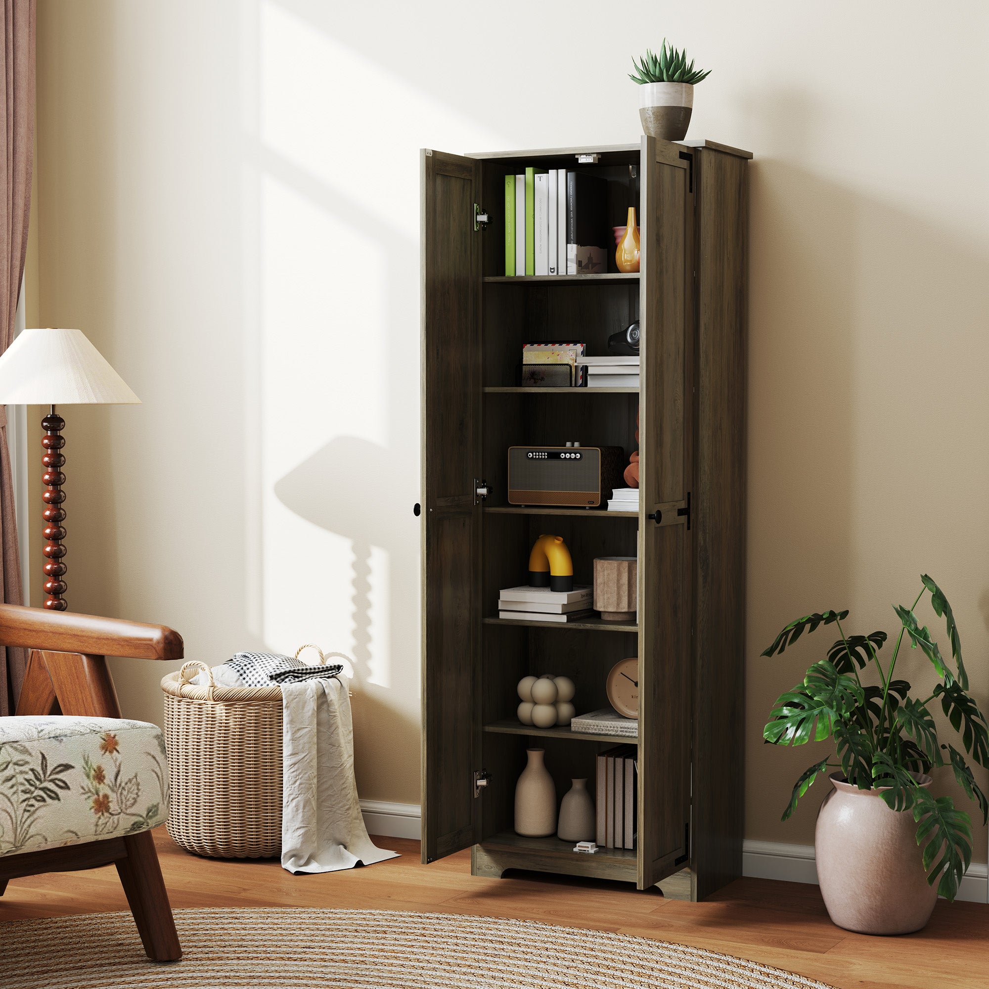 67" Farmhouse Pantry Cabinet with 2 Doors, Tall Storage Cabinet with Adjustable Shelves, Distressed Grey