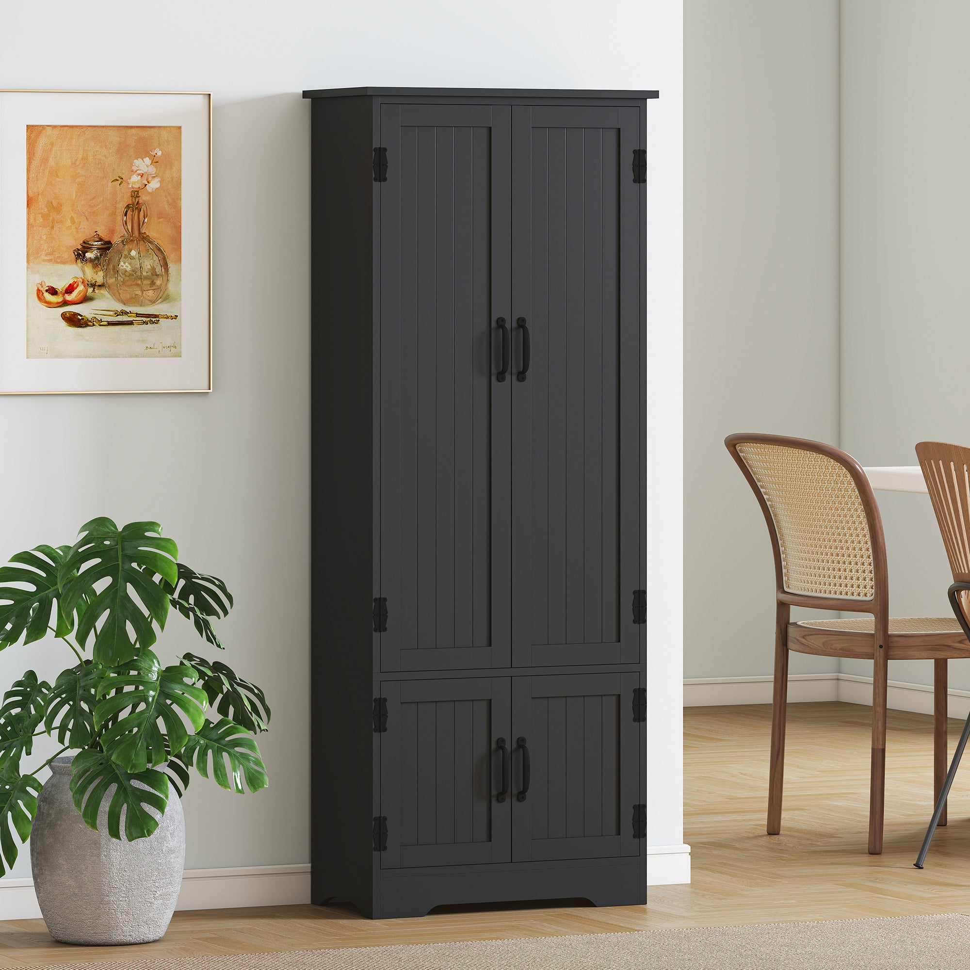 60" 4-Door Storage Cabinet Multi-Storey Large Space Pantry with Adjustable Shelves Black