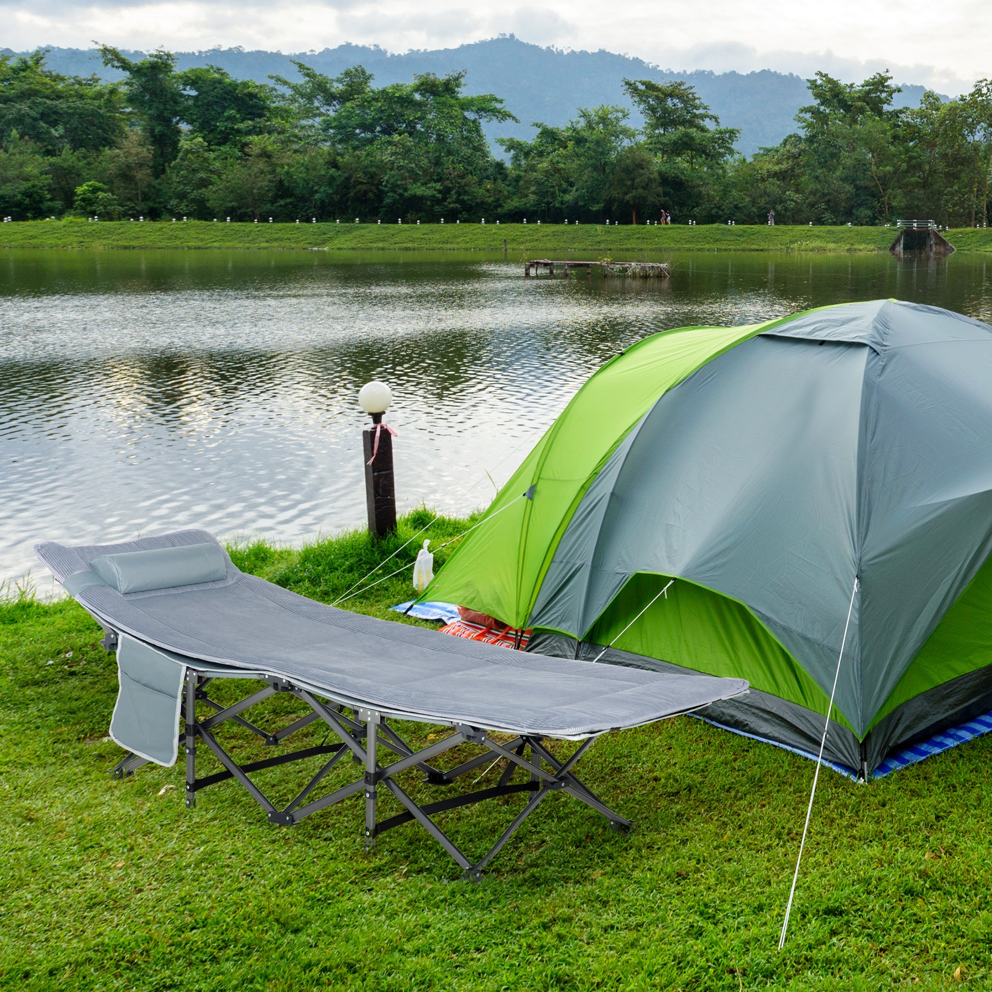 Folding Camping Cot with Mattress & Pillow, Double Layer Oxford Heavy Duty Sleeping Cot with Carry Bag Dark Grey