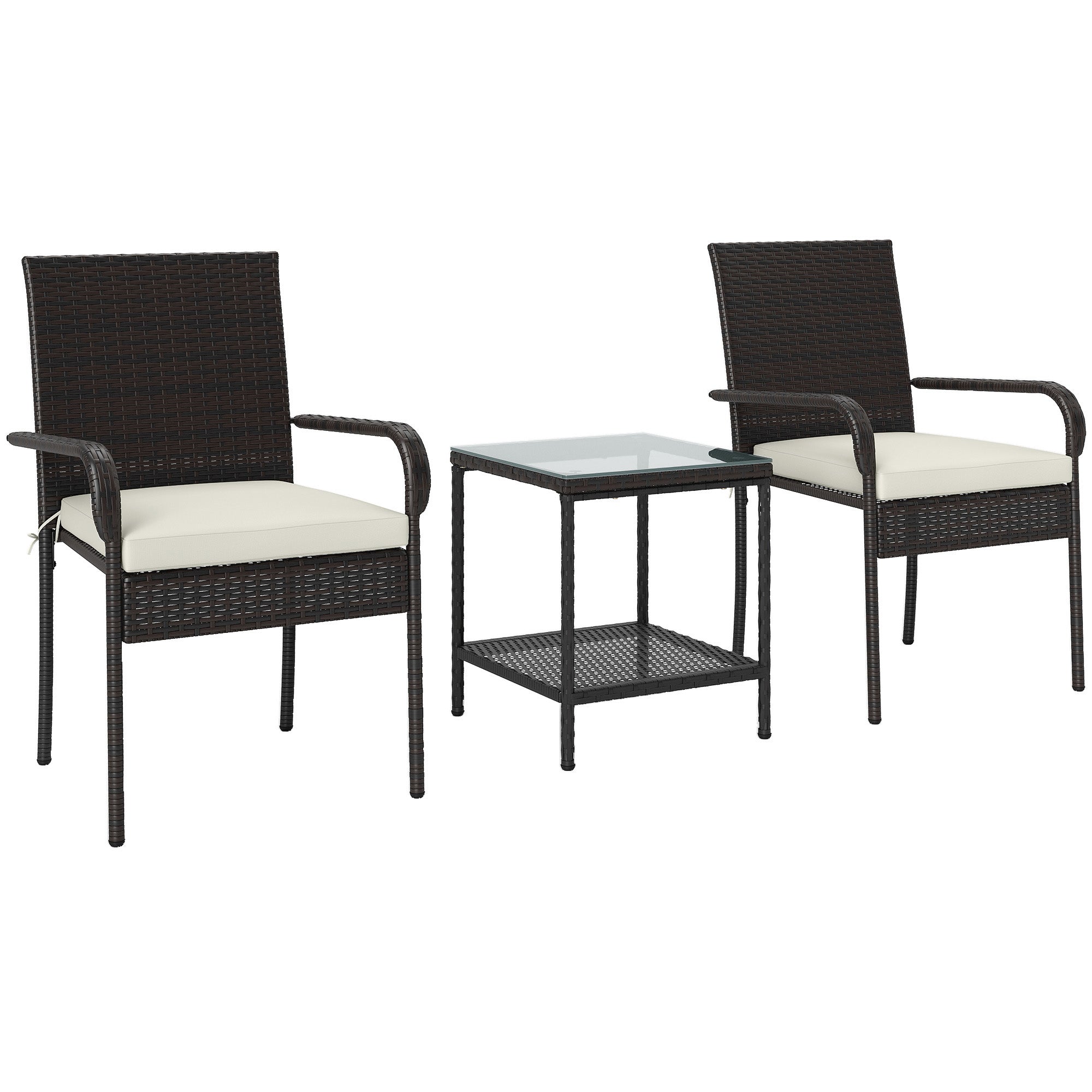 3 Piece Wicker Patio Furniture Set with Stackable Chairs, Washable Cushion, Tempered Glass Top, for Backyard, Brown