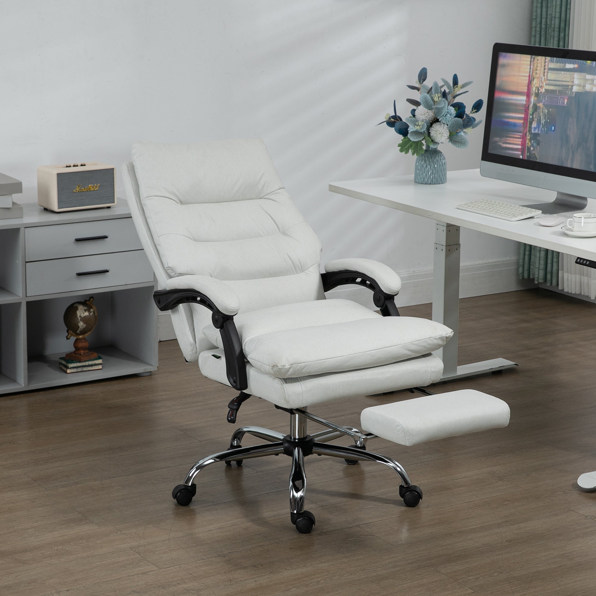 Executive Office Chair with 6-Point Massage and Heat, Microfibre Reclining Computer Chair with Footrest, Cream White