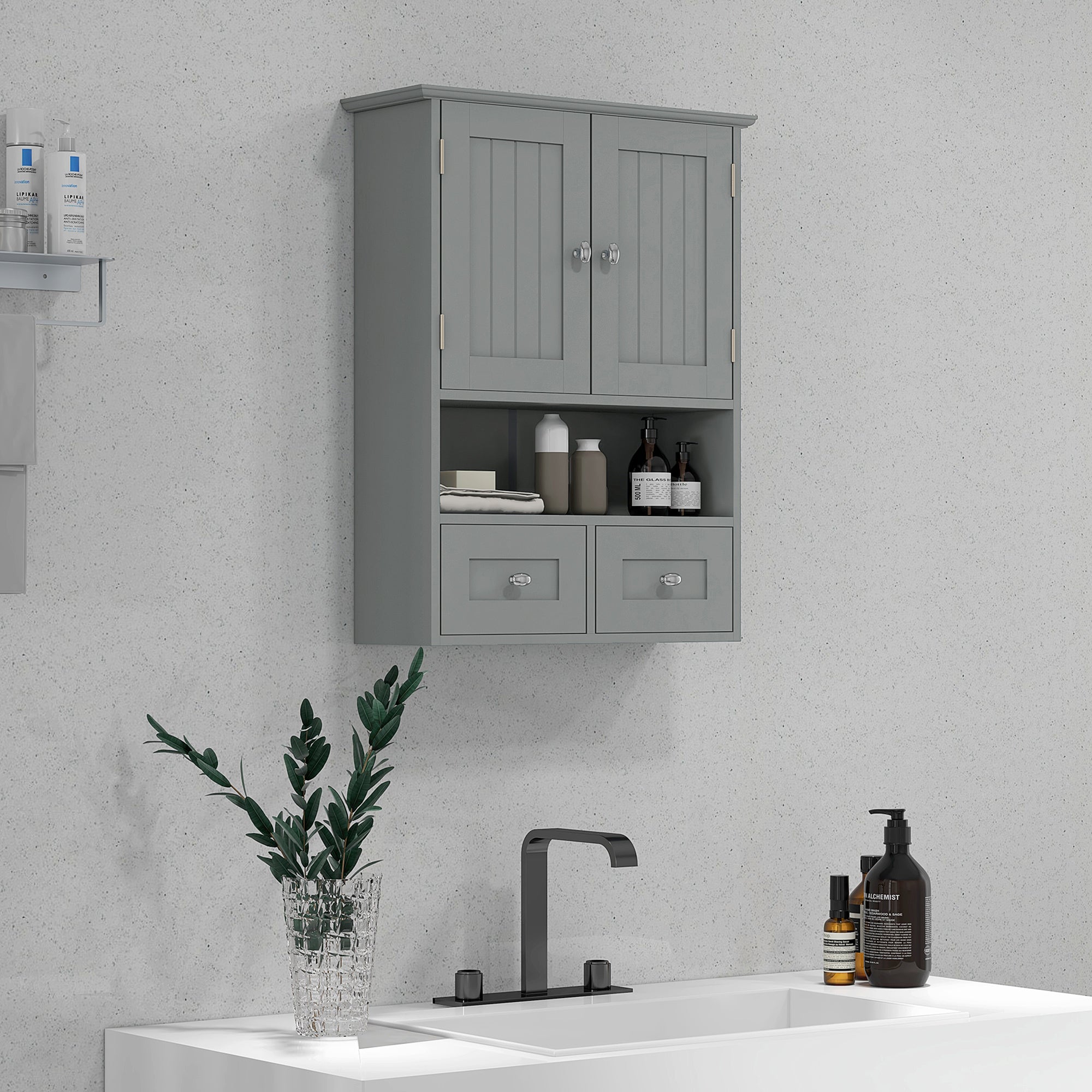 Bathroom Wall Cabinet, Medicine Cabinet, Over Toilet Storage Cabinet with Shelf and Drawers for Hallway, Living Room, Grey
