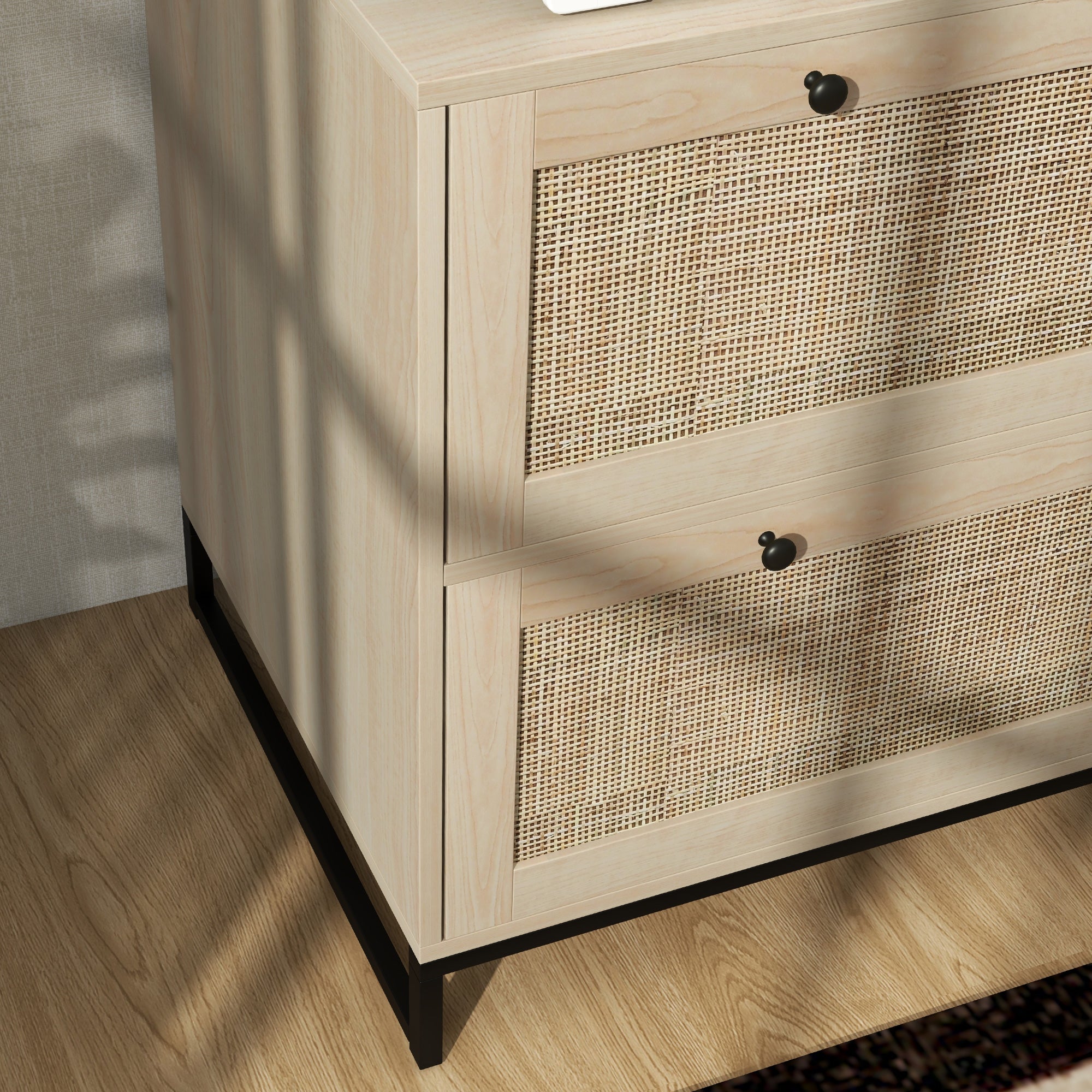 2-Drawer Filing Cabinet with Lock, Rattan File Cabinet with Adjustable Hanging Bar, Natural