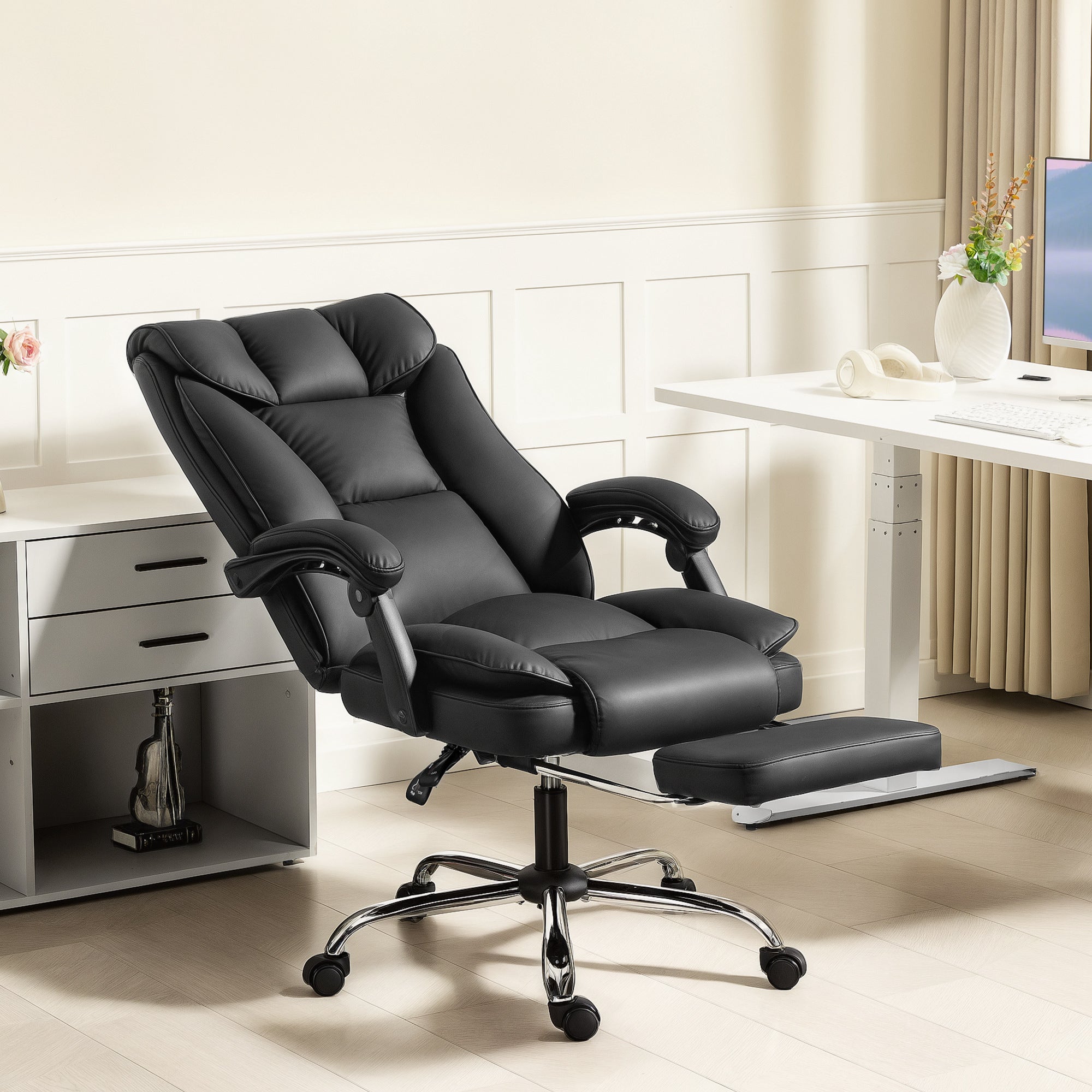 Executive Office Chair, Pet-Friendly Leather Ergonomic Desk Chair with Footrest, Swivel Recliner, Black