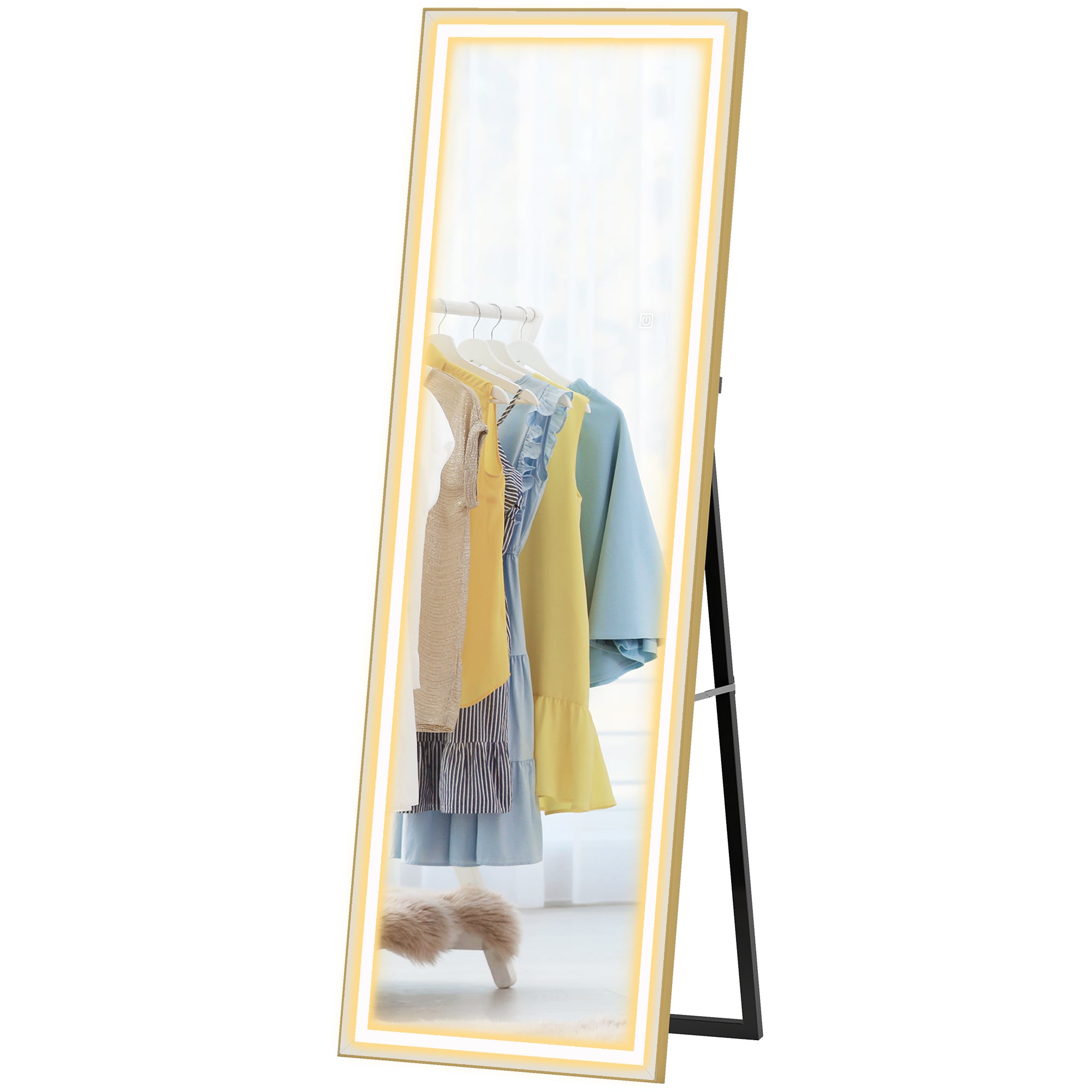LED Mirror with Dimmable and 3 Colour Lights, 64" x 21" Rectangular Floor Mirror for Bedroom Living Room, Gold