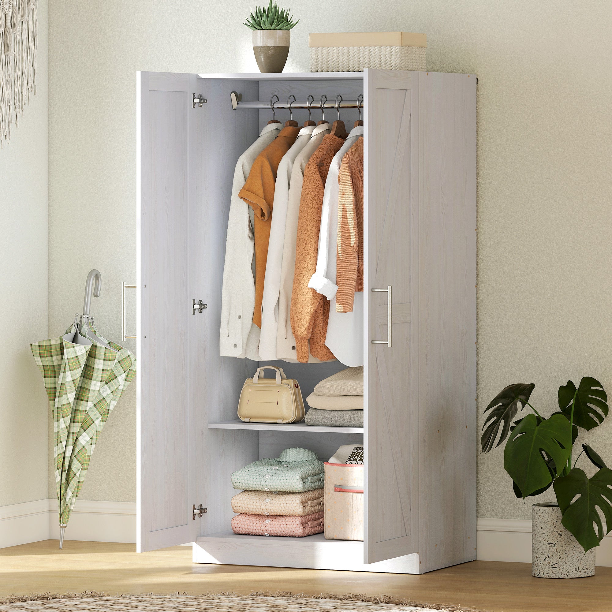 Wardrobe Cabinet with 2 Barn Doors and Hanging Rod, Farmhouse Armoire Wardrobe Closet for Bedroom, White Wood Effect