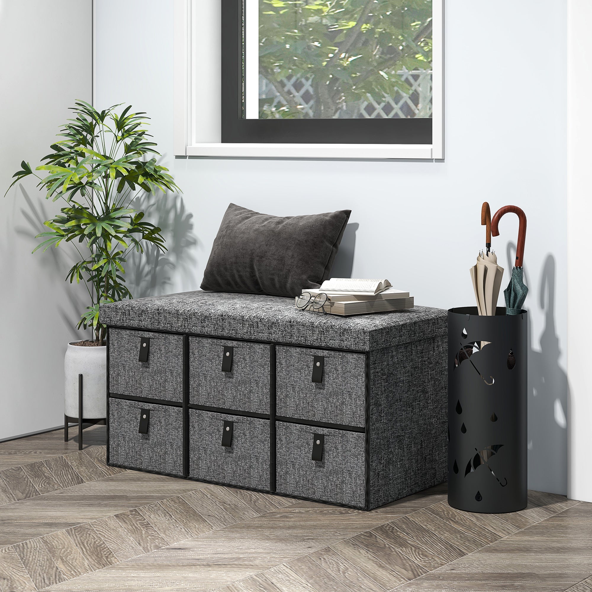 Shoe Bench with Seat, Shoe Storage Bench with Cushion and 6 Fabric Drawers for Entryway, Hallway, Bedroom, Charcoal Grey