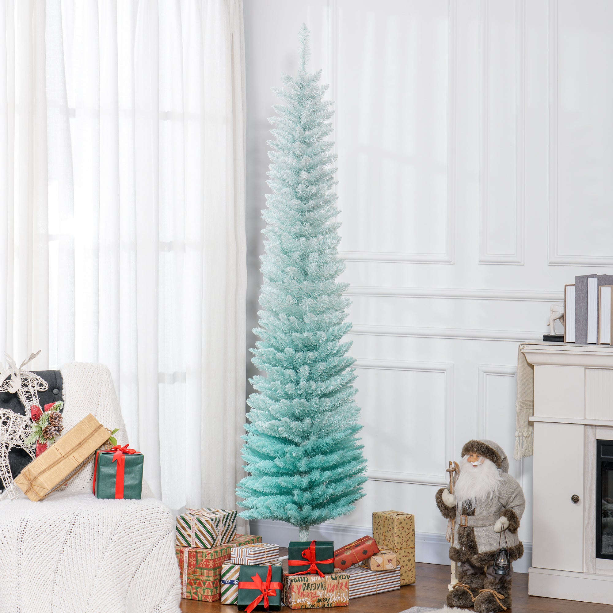 7' PVC Slim Pencil Artificial Christmas Tree Xmas Tree with 500 Realistic Branch Tips, Metal Stand, Gradient Blue
