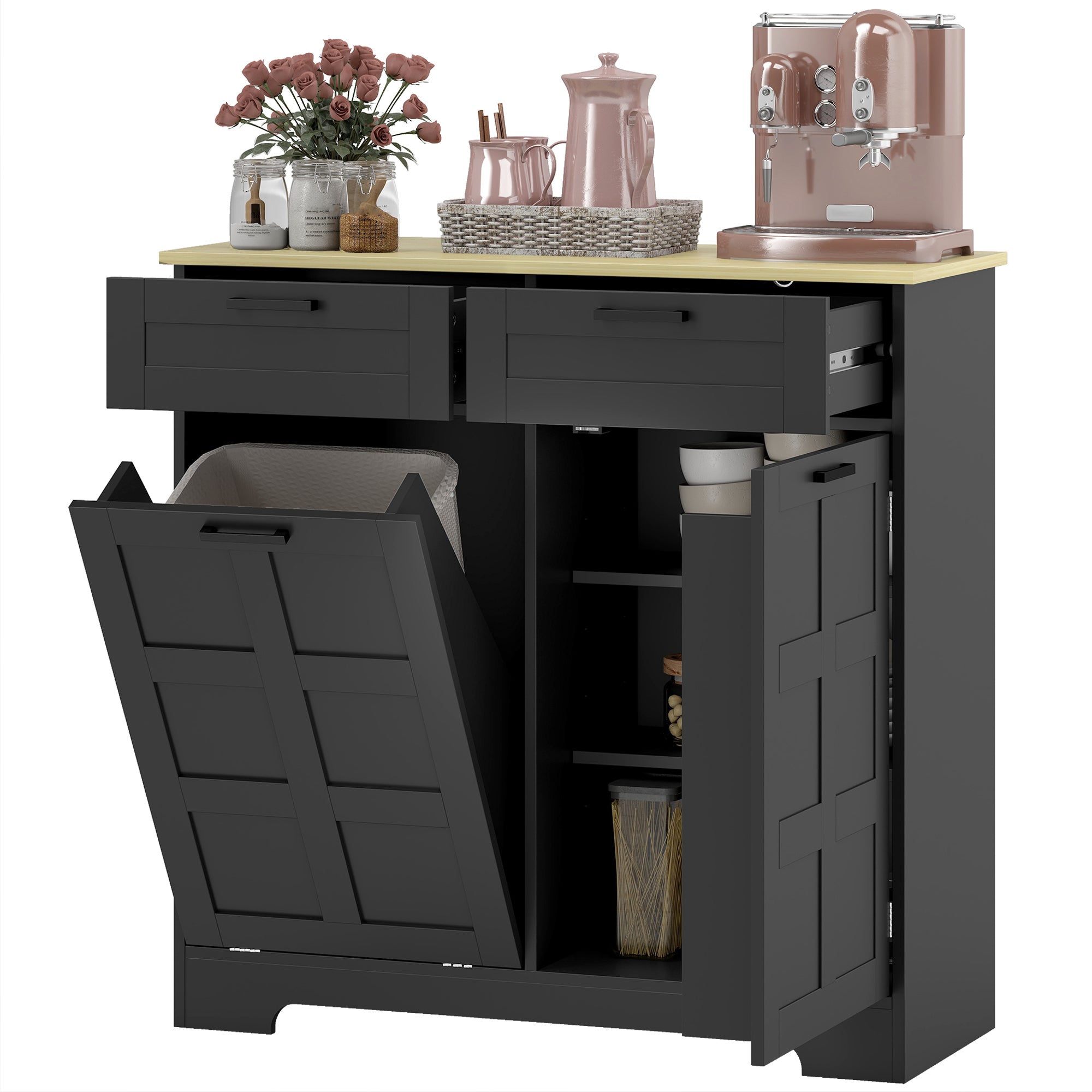 7 Gallon Tilt Out Garbage Cabinet, Kitchen Island with Trash Cabinet, 2 Drawers, Door Racks, Adjustable Shelves, Black