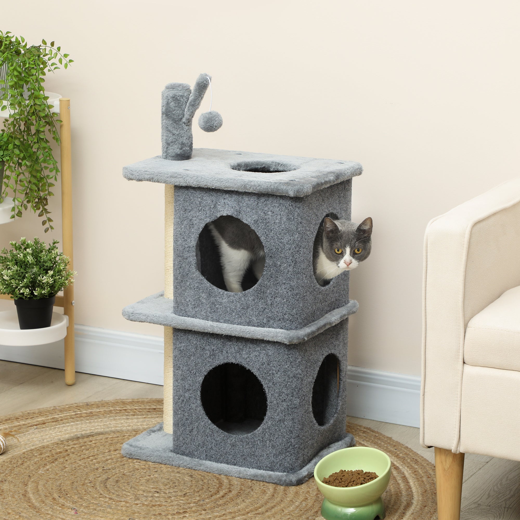 31.5" Cat Tree, Multi-Level Cat Tower with 2 Condos and Soft Plush Perches for 1-2 Cats, Grey