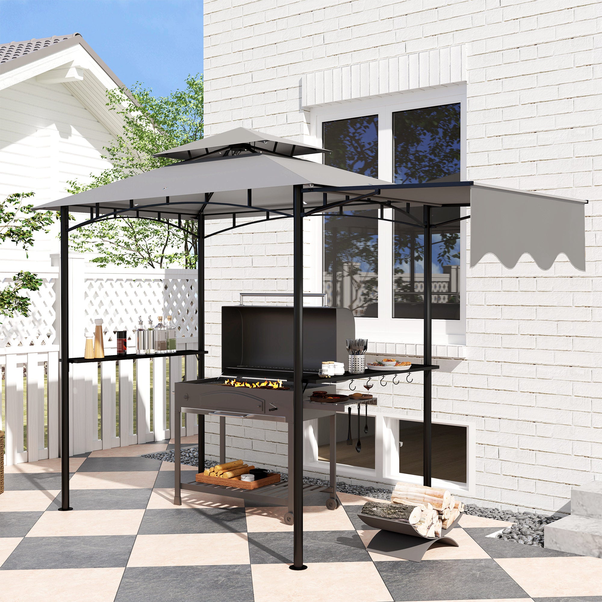 8' x 5' Grill Gazebo, Double Tiered Barbecue Grill Gazebo Shelter with Side Awning, 2 Side Shelves, 6 Hooks, Light Grey