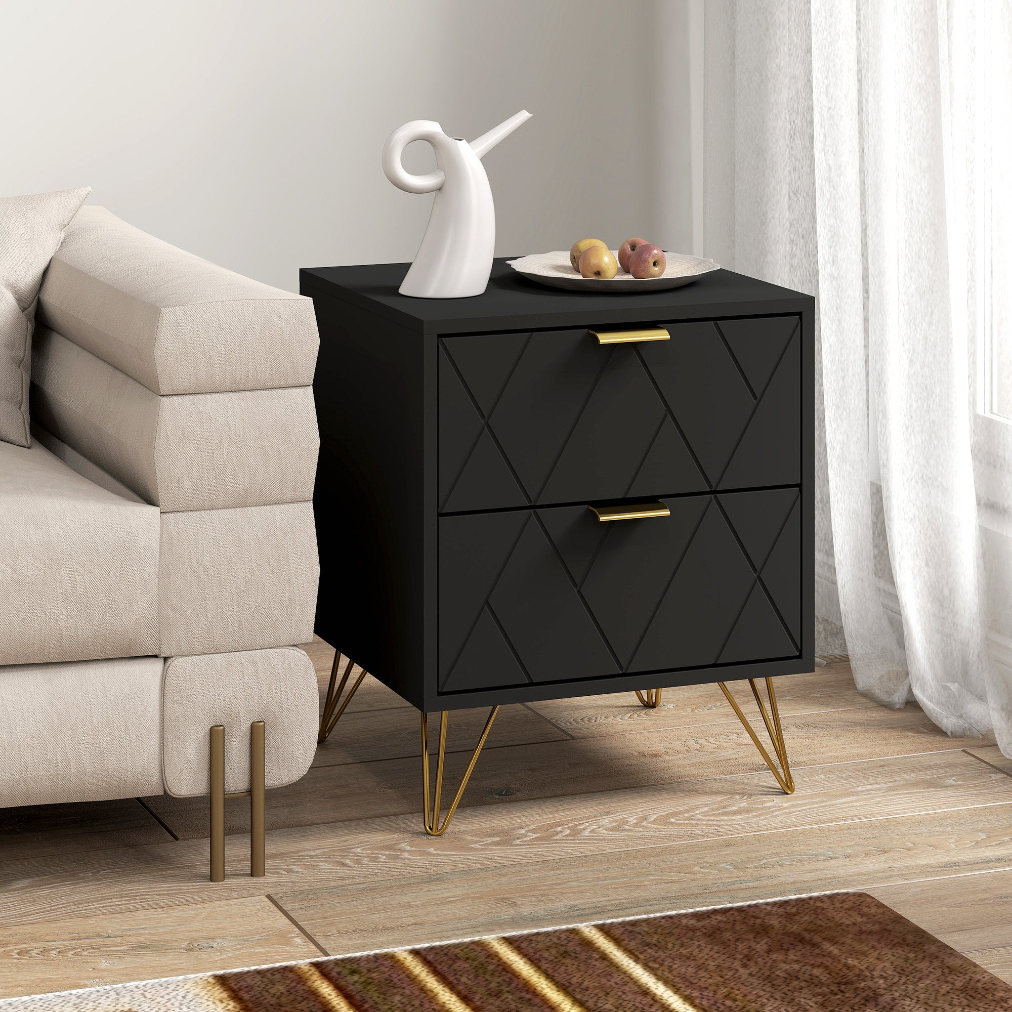 Modern Bedside Table, Accent Nightstand with 2 Drawers, Bed End Table for Bedroom, Black