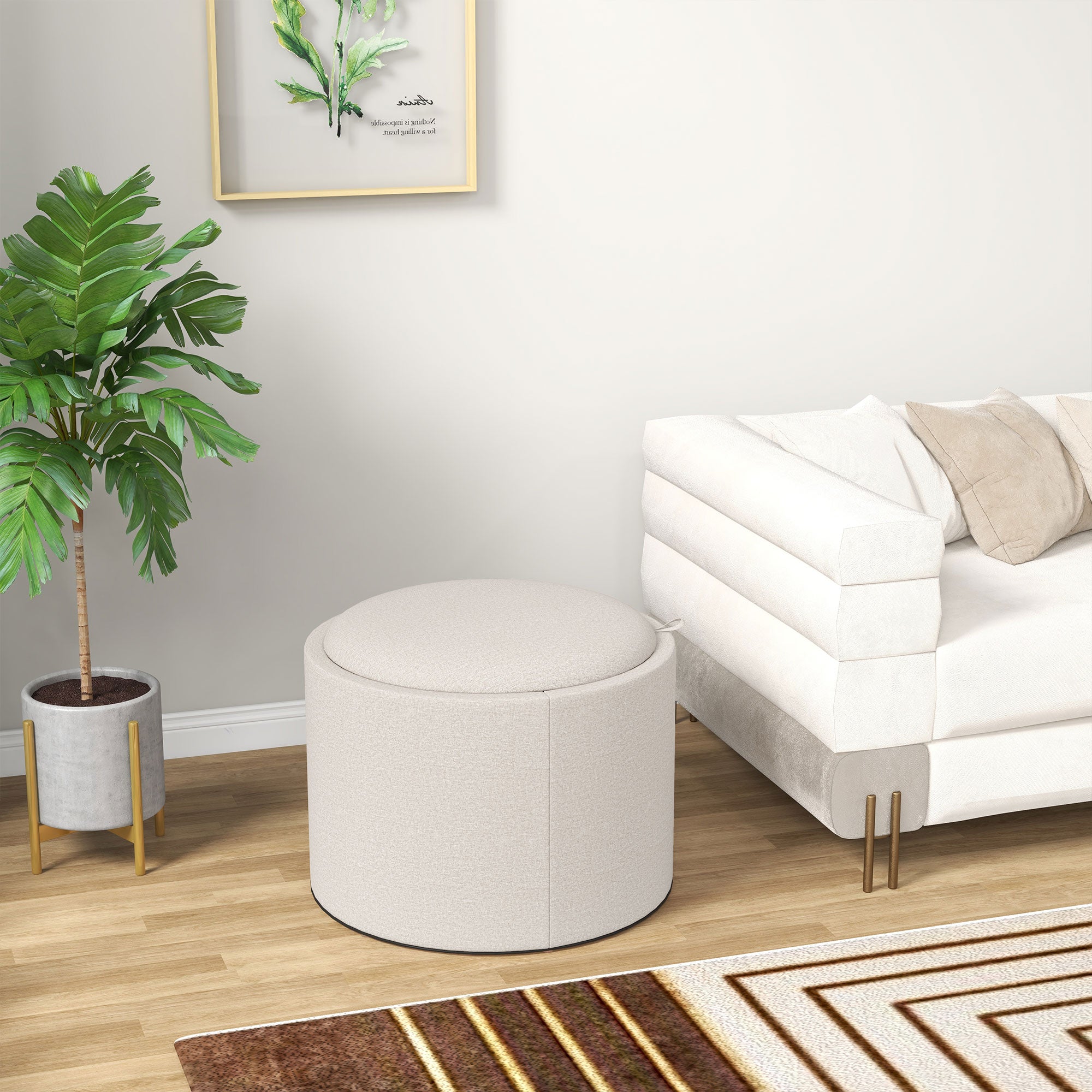 Round Coffee Table, End Table with Hidden Storage and Tray Top, Linen Upholstered Footrest for Living Room