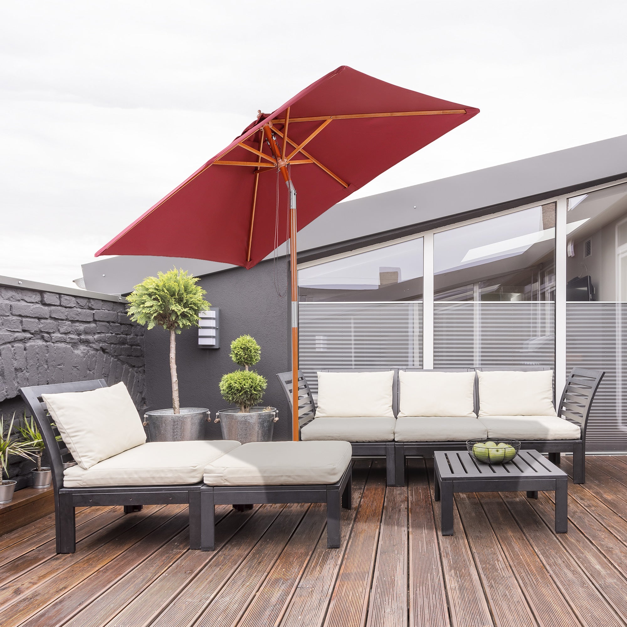 6.6x5ft Square Market Parasol, Wooden Patio Umbrella with Tilt Mechanism and 6 Bamboo Ribs, Garden Sunshade, Wine Red