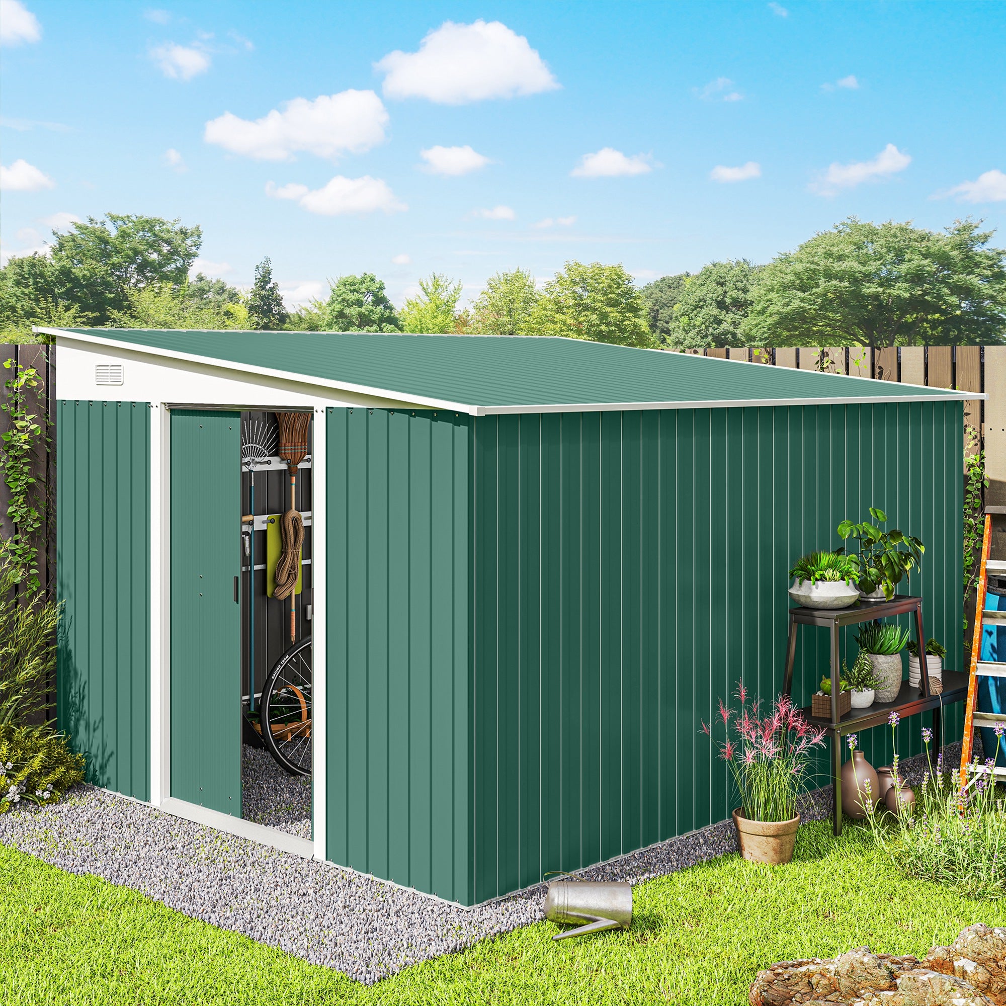 11' x 9' Steel Garden Storage Shed, Outdoor Metal Tool House with Double Sliding Doors & 2 Air Vents, Green