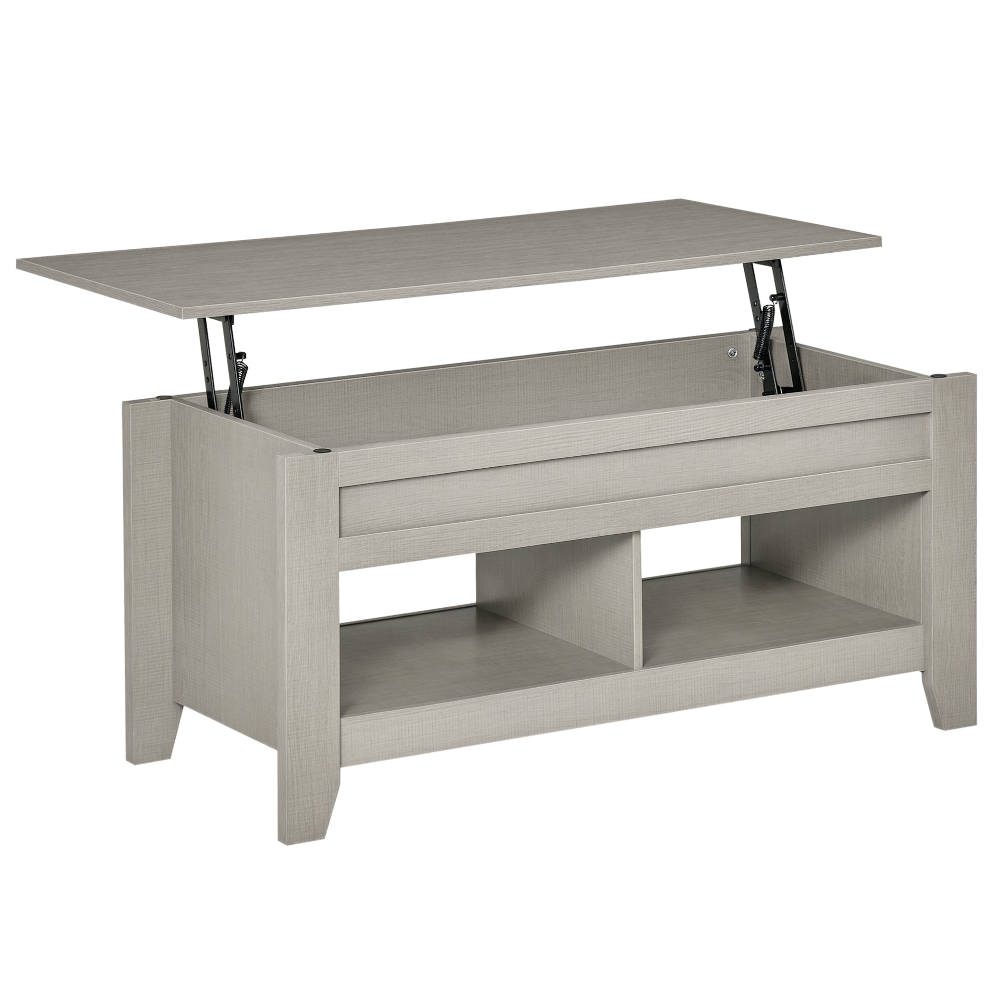 Lift Top Coffee Table with Hidden Storage Compartment and Open Shelves, Lift Tabletop Pop-Up Center Table for Living Room, Light Grey