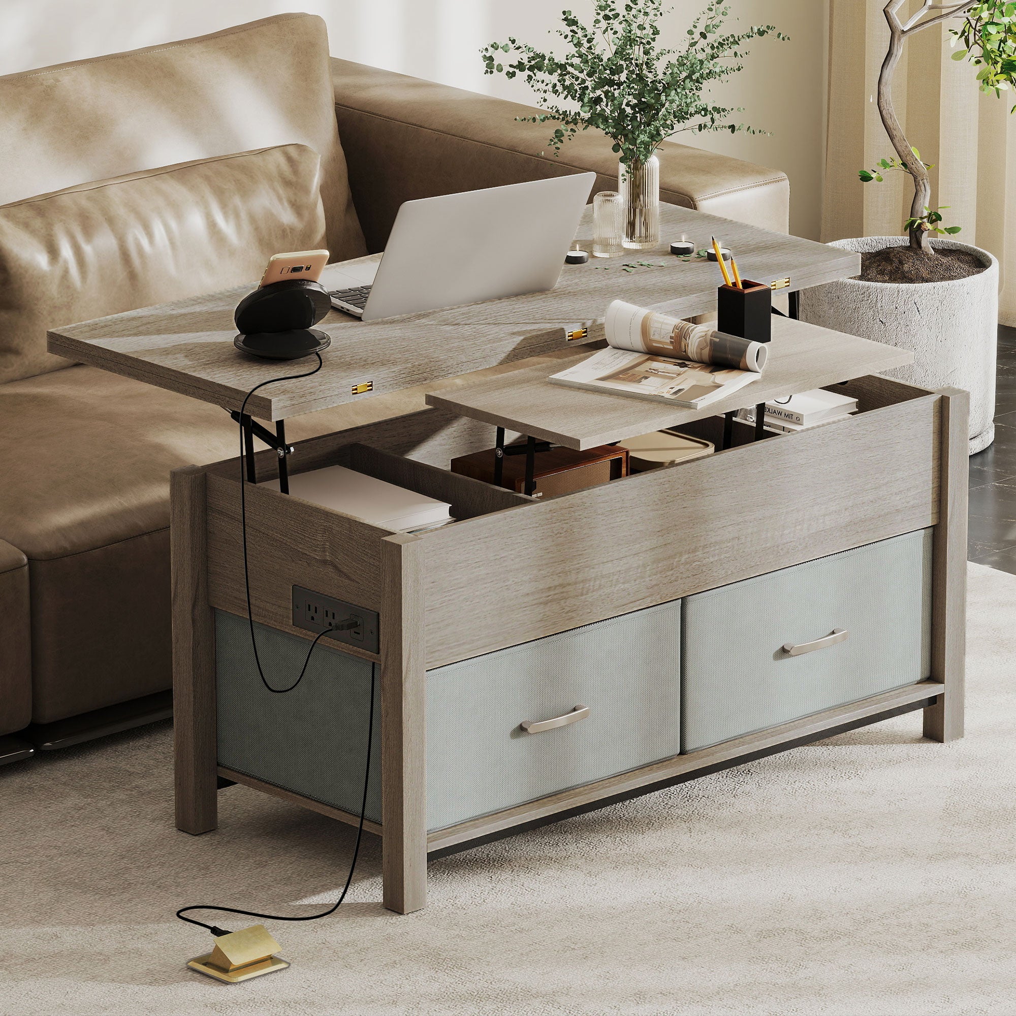 Lift Top Coffee Table, Center Table with 3 Hidden Compartments, 2 Fabric Drawers, Expandable Top and Charging Station