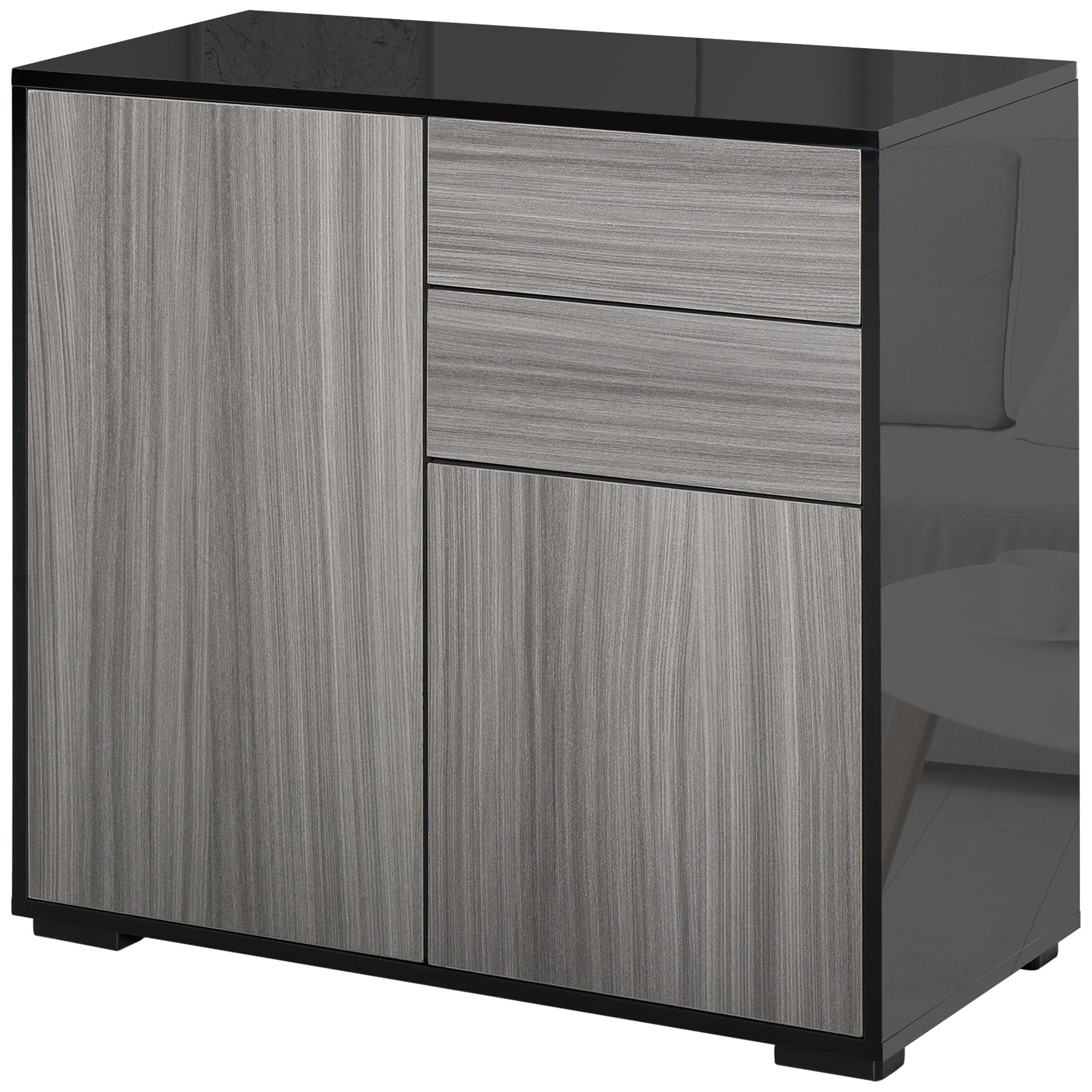 High Gloss Buffet Sideboard with 2 Drawers, 2 Doors and Adjustable Shelf, Kitchen Storage Cabinet with Push Open Design, Grey and Black