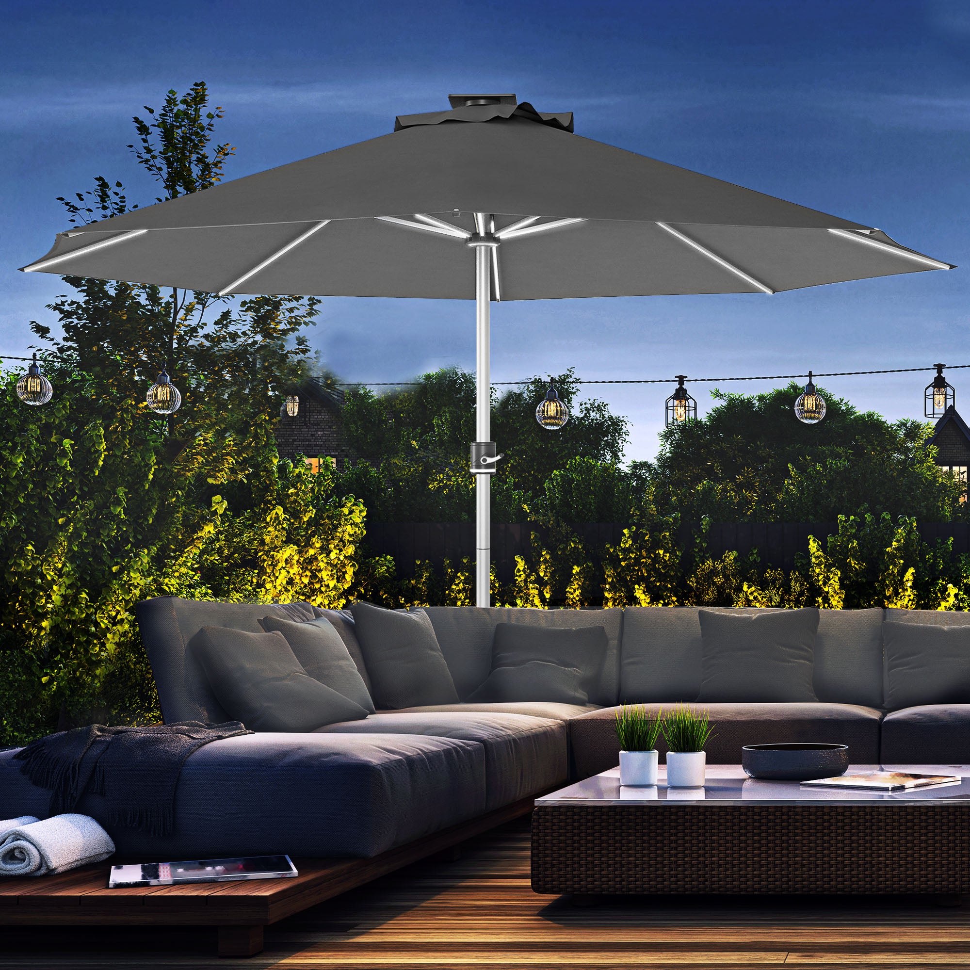 LED Patio Umbrella, Lighted Deck Umbrella with 4 Lighting Modes, Solar & USB Charging, Charcoal Grey