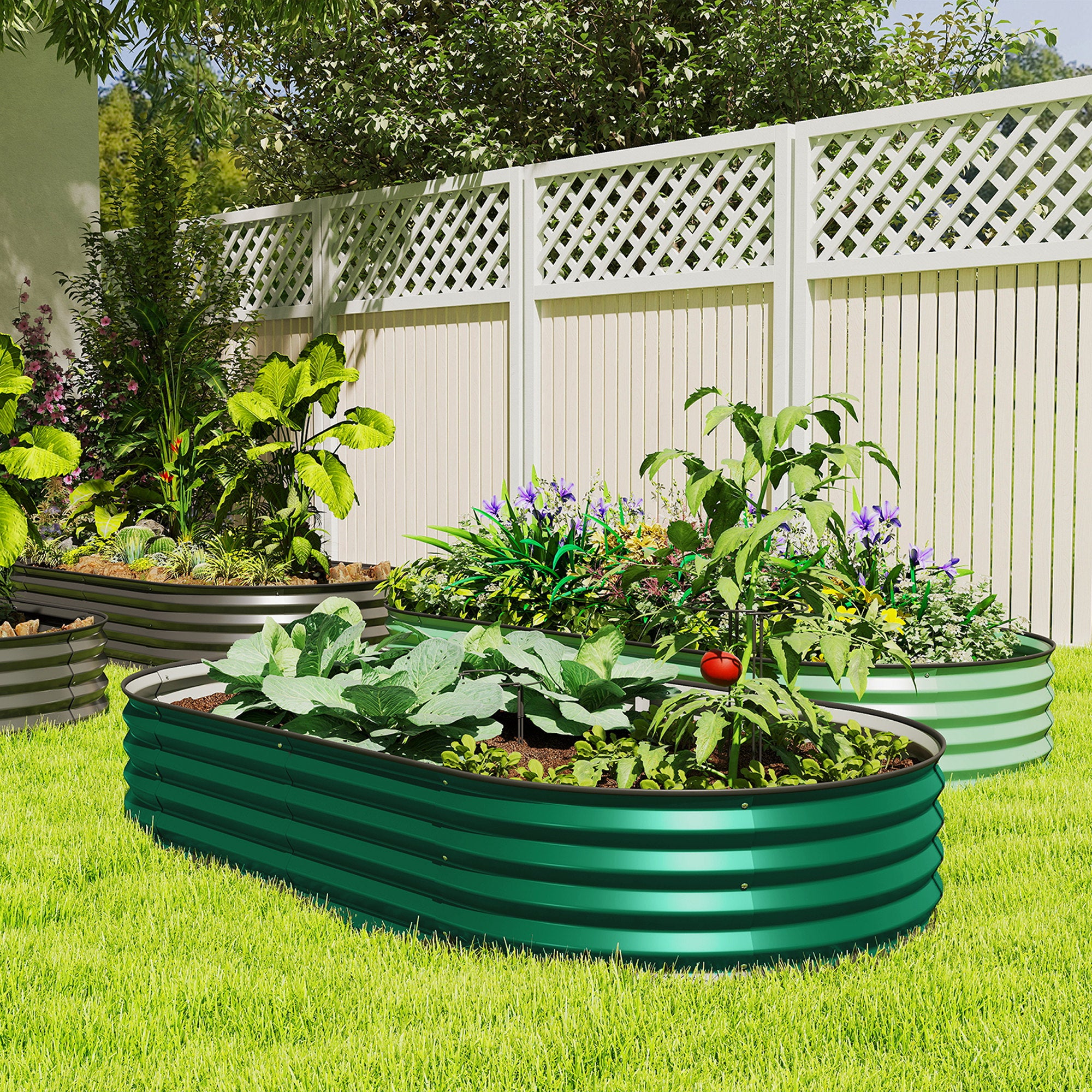 6' x 3' x 1' Large Outdoor Planter Box, Galvanized Raised Garden Bed with Metal Plant Stake, Green