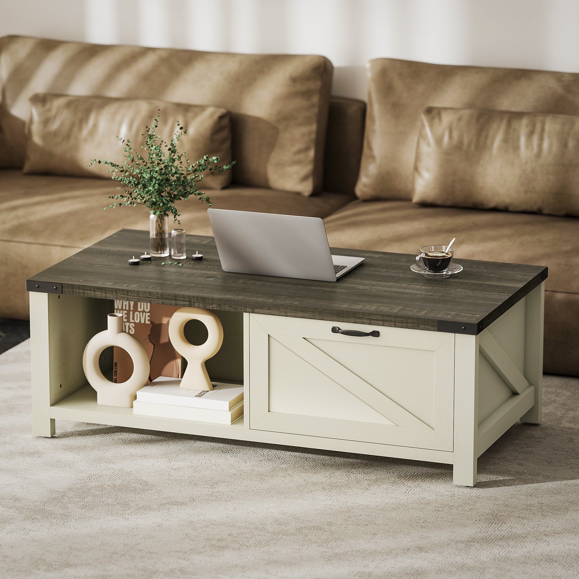 Farmhouse Coffee Table with Drawer, Open Storage Shelf for Living Room, Dining Room, Office, Distressed White