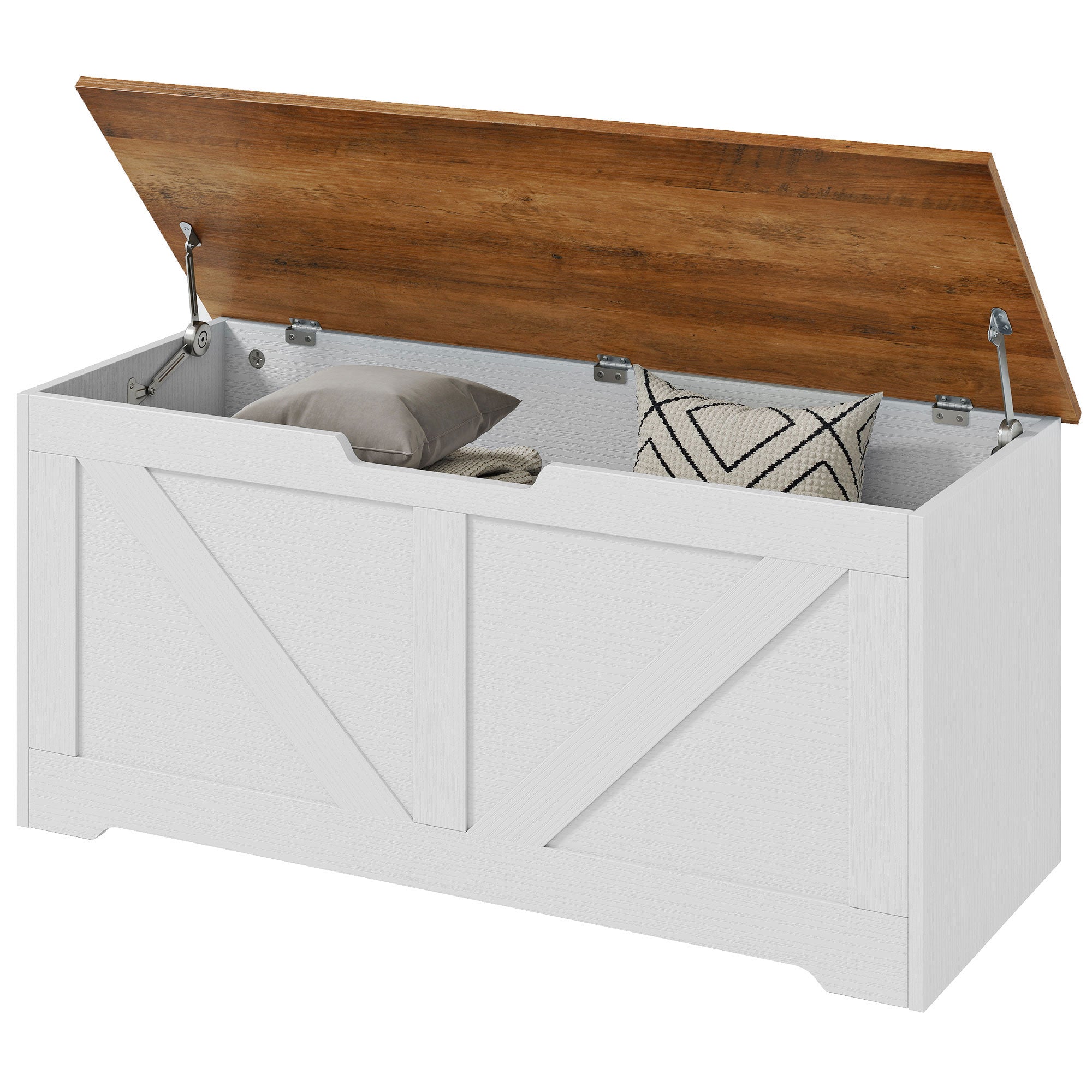 39.4 Inches Storage Chest, Storage Trunk with 2 Safety Hinges for Living Room, Brown and White Wood Grain