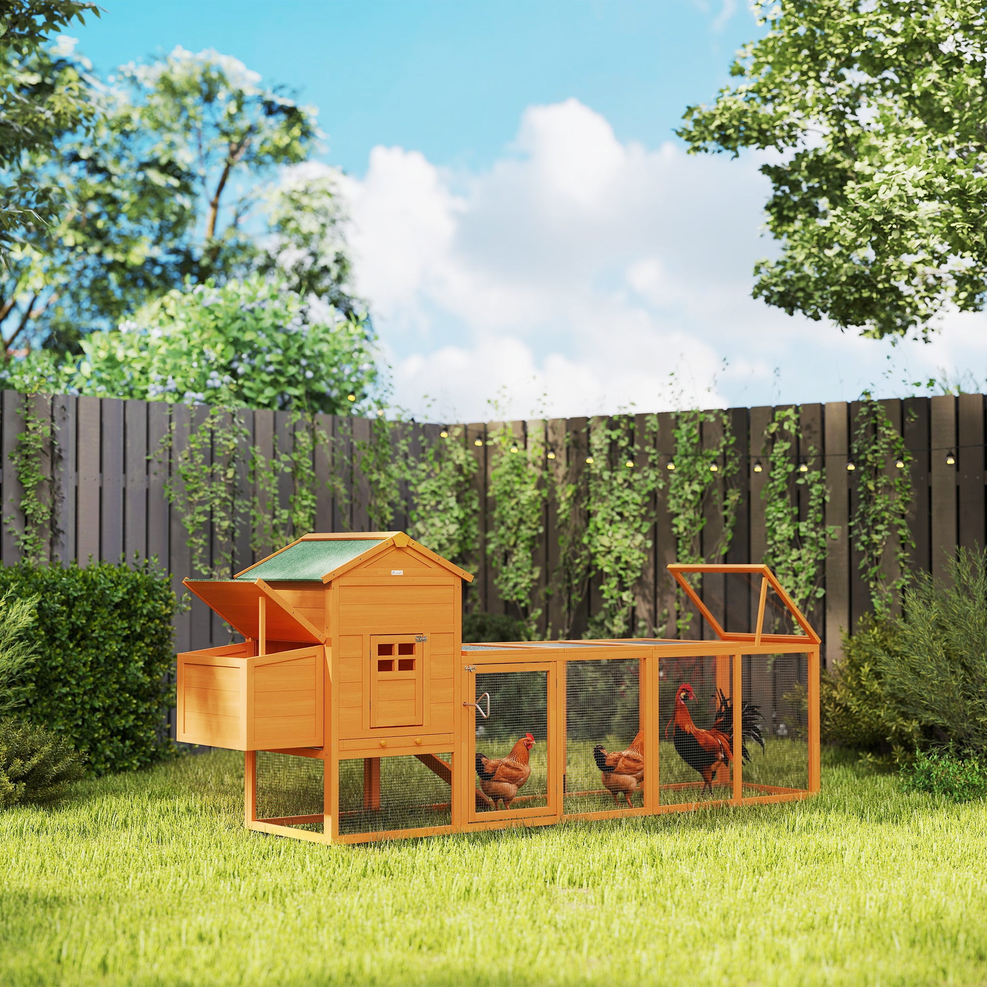 117" Extra Large Chicken Coop with Asphalt Roof, Wooden Hen House with Slide-out Tray, Quail Hutch with Nesting Box, Orange