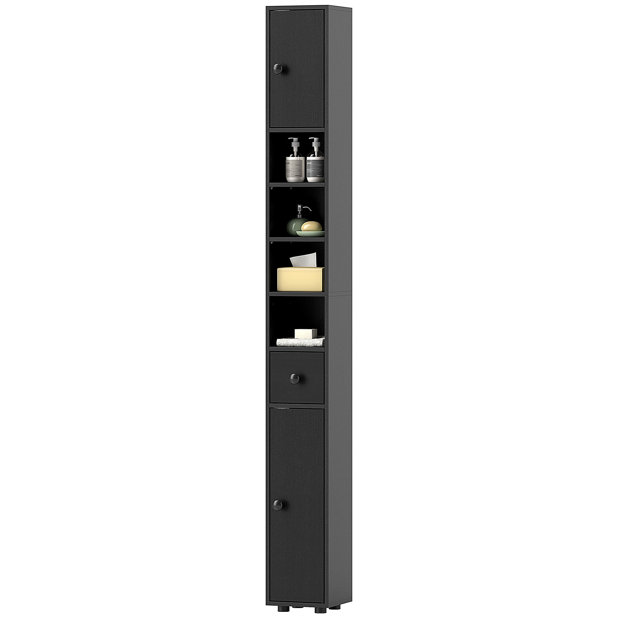 71" Tall Bathroom Cabinet, Narrow Toilet Paper Cabinet with Open Shelves, 2 Door Cabinets, Adjustable Shelves, Black